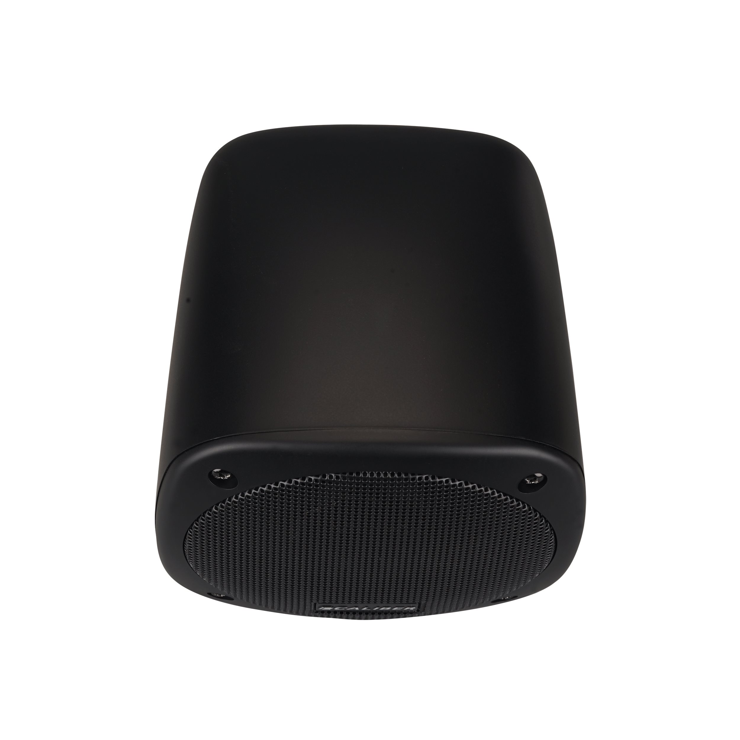 Black cylindrical speaker with mesh front and round base, isolated on white.