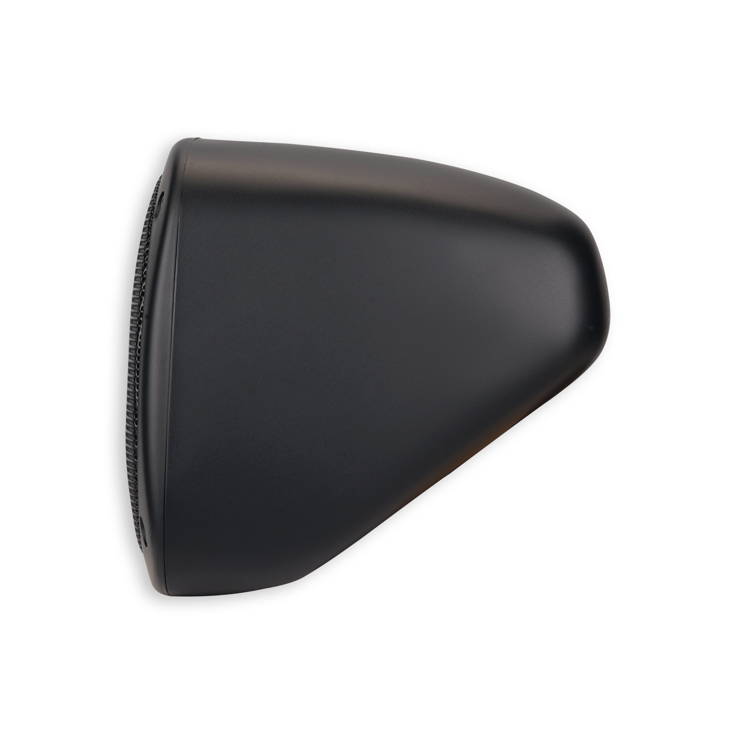 Black speaker, side view, on white background. Has a mesh grill on left side.