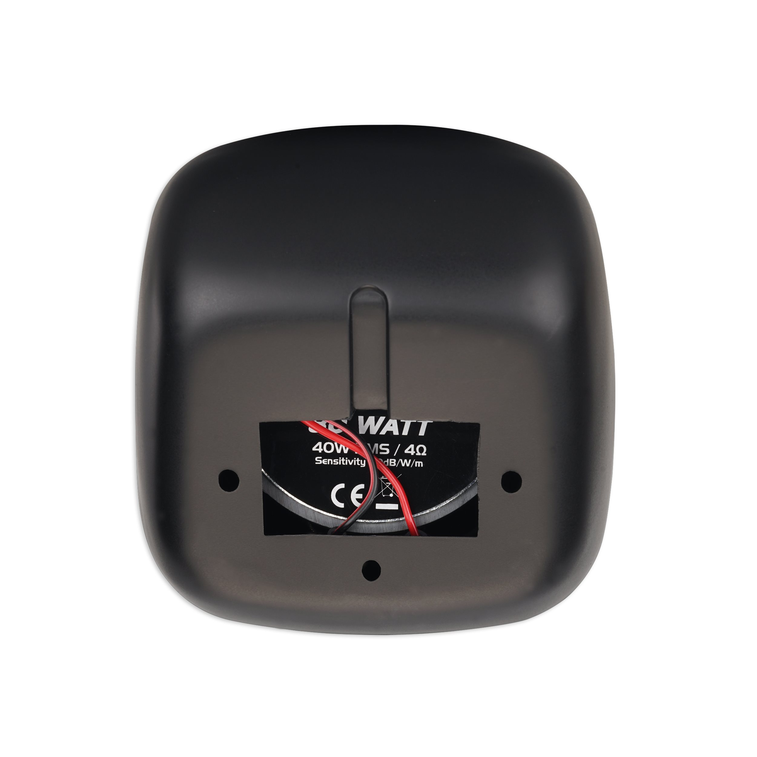 A black square speaker with an open back, revealing a battery and circuitry.