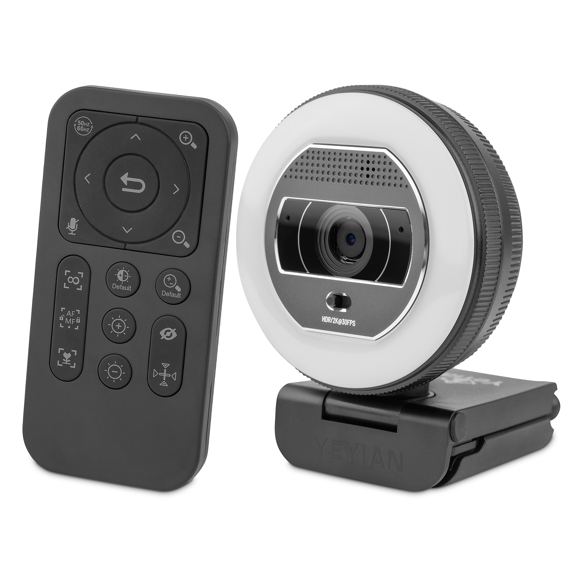 Webcam con anello luminoso e telecomando. Webcam e telecomando neri. Luce bianca.