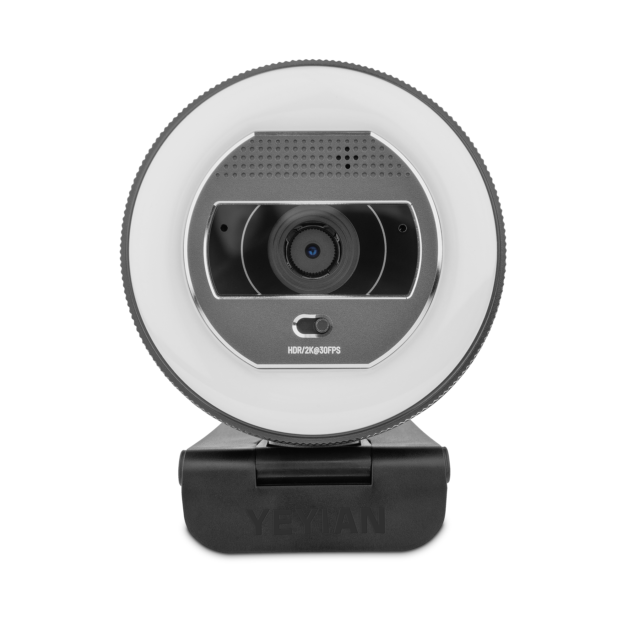 Una webcam con una luce ad anello. È nera e ha una lente al centro.