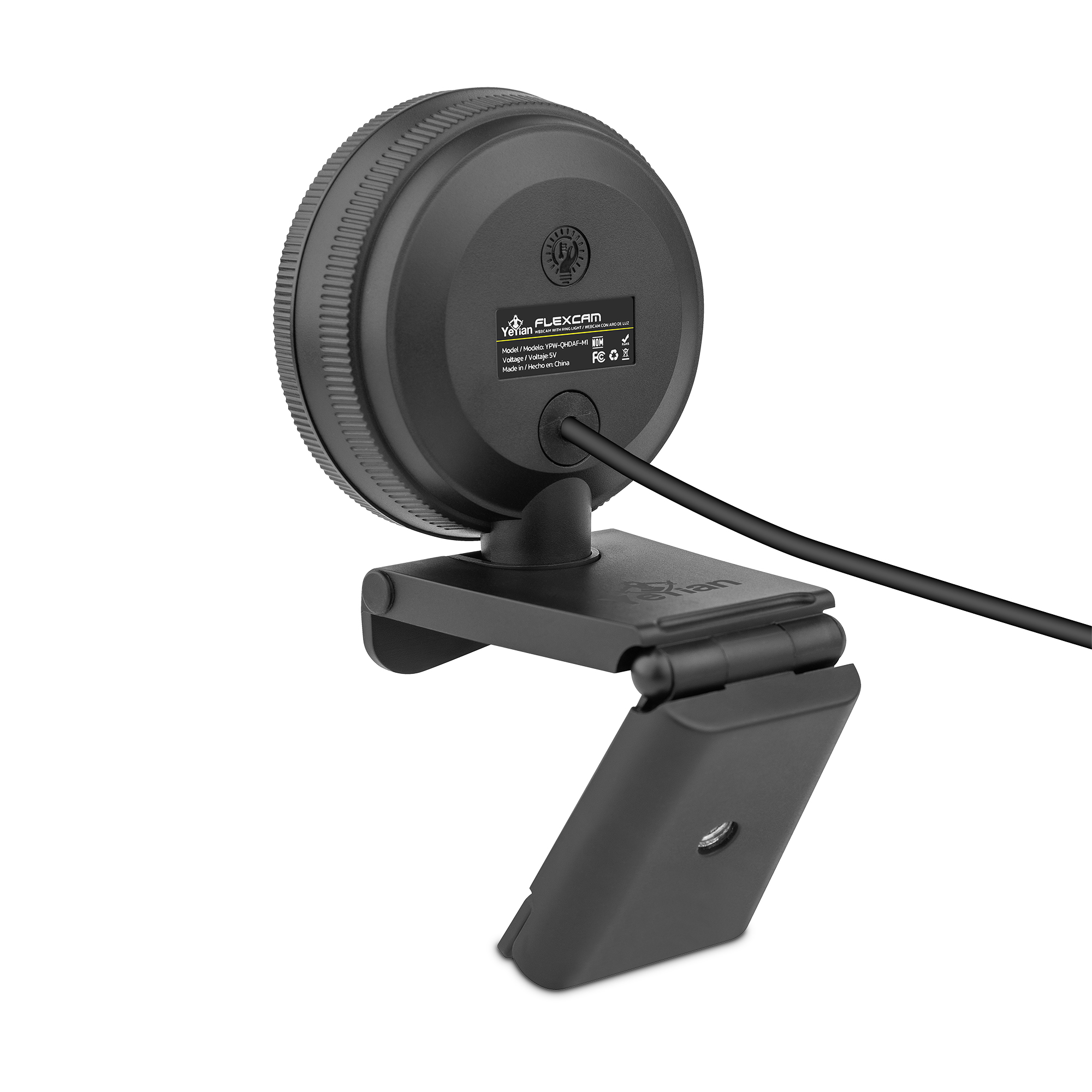 Webcam nera con obiettivo circolare e supporto pieghevole, su sfondo bianco.