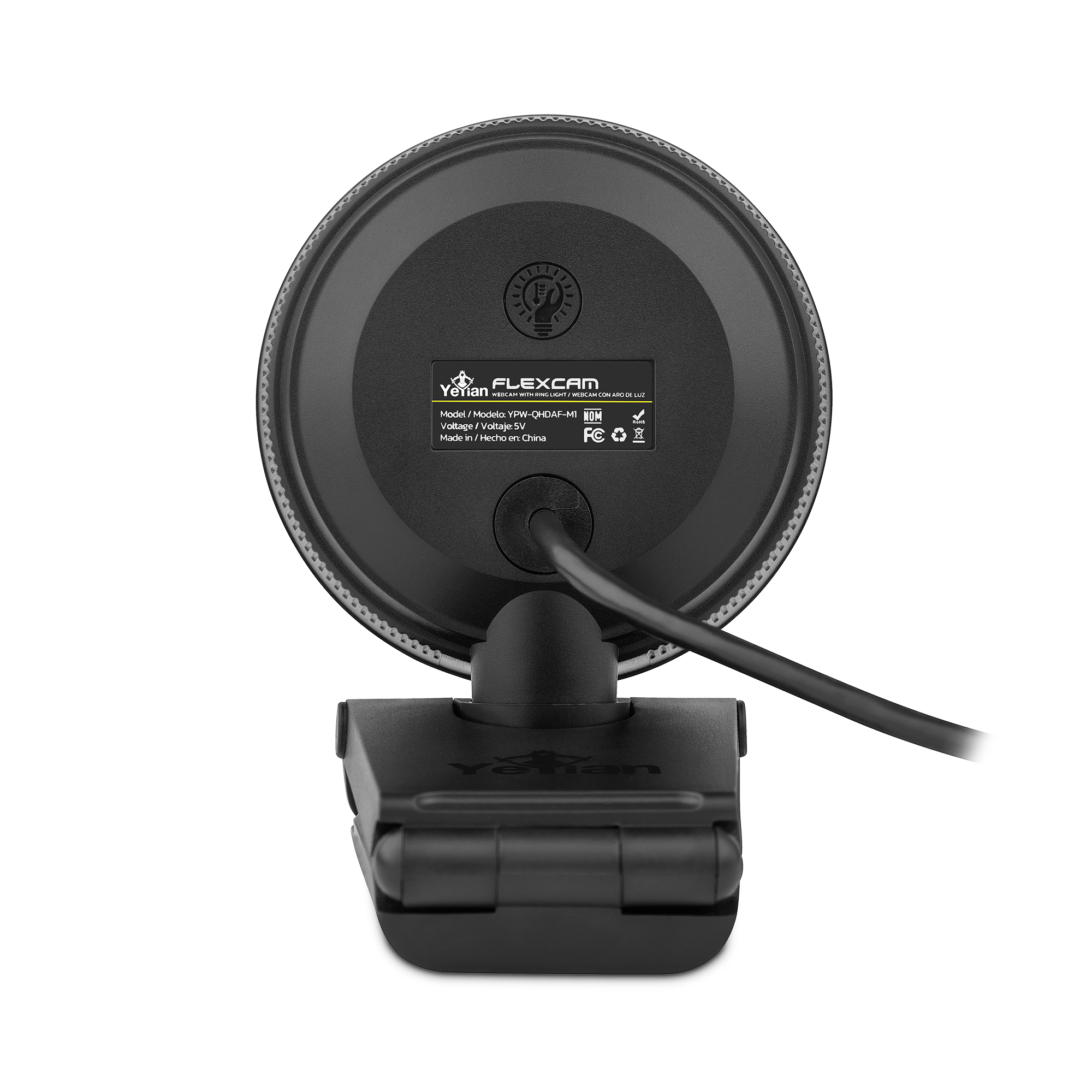 Retro di una webcam nera con obiettivo. La webcam ha un supporto e un cavo.