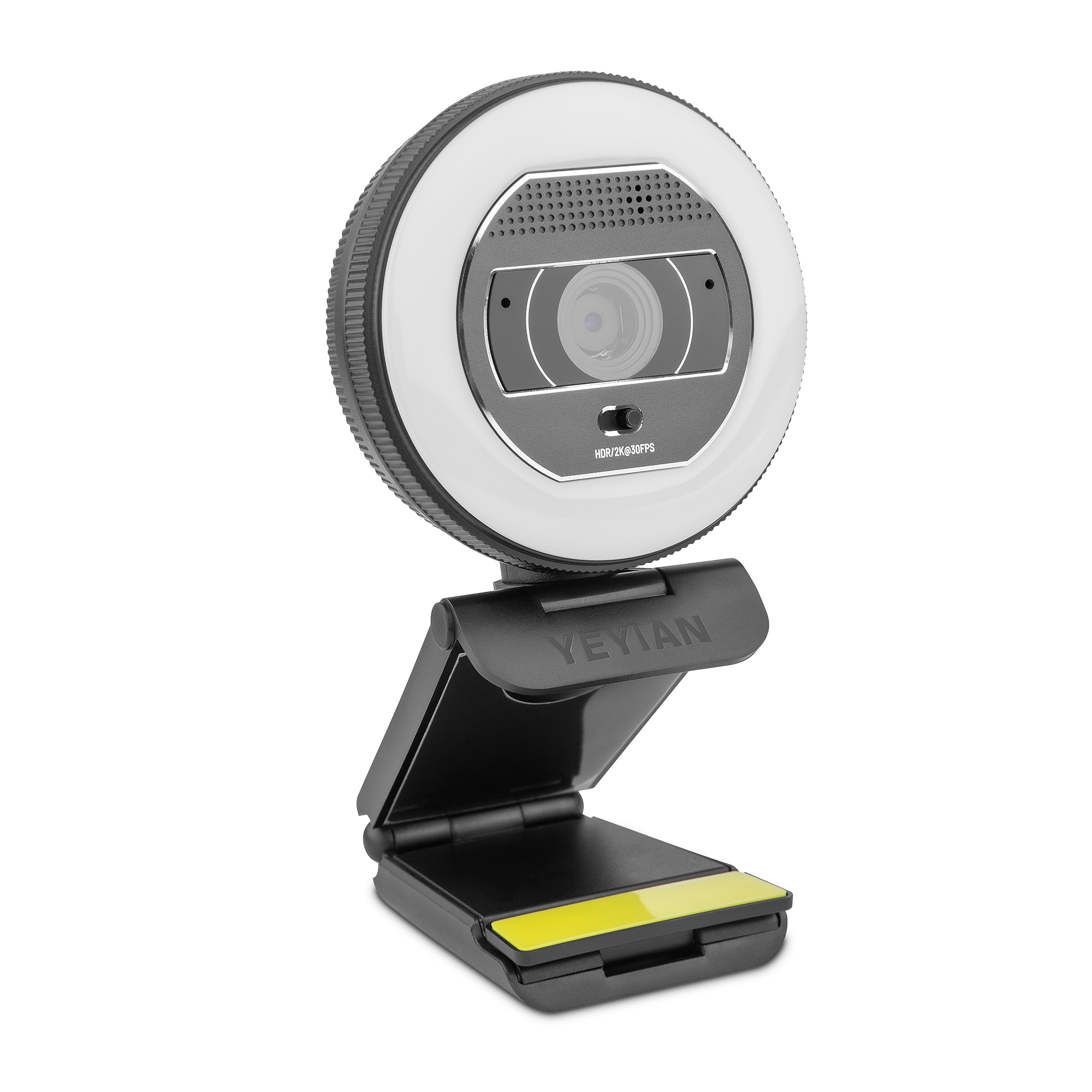 Una webcam con bordo bianco e supporto nero. C'è un adesivo giallo sul supporto.