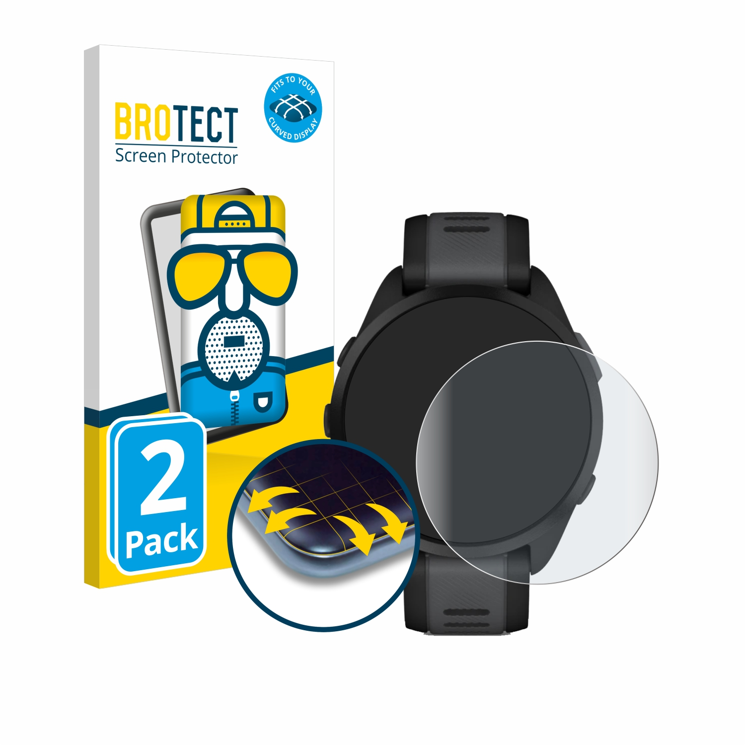 Smartwatch mit Displayschutz und Box.