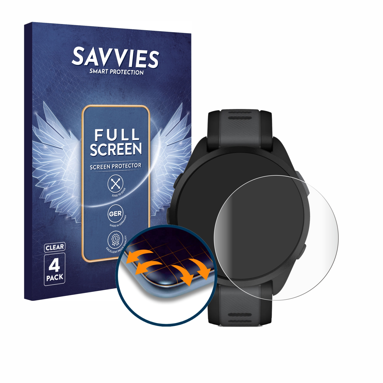 Schwarze Smartwatch und Displayschutzbox. Schutz auf der Uhr, Box zeigt Schutzanwendung.