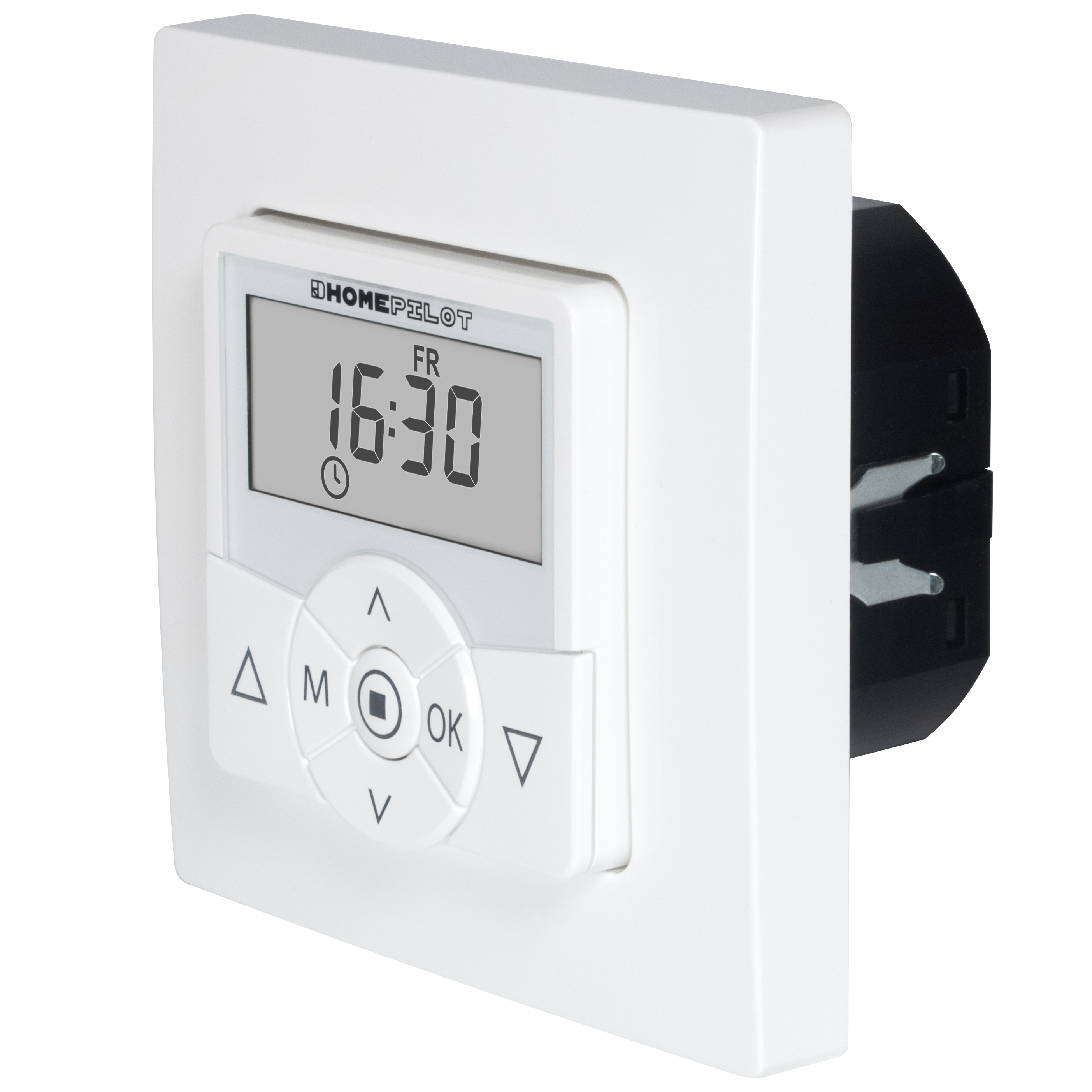 Ein weißer Wandtimer mit Digitalanzeige und Steuertasten.