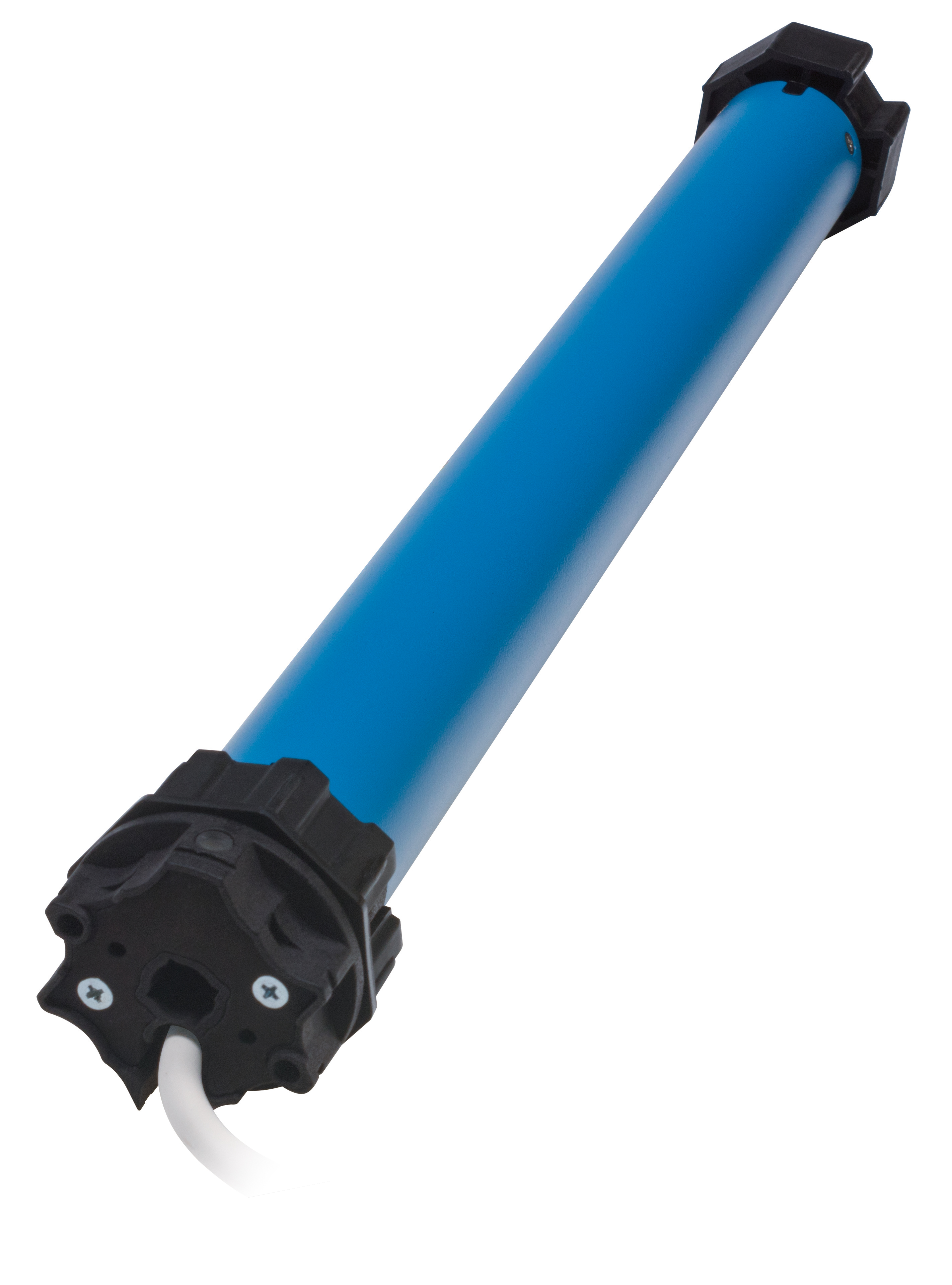 Ein blauer Rohrmotor für Rollläden, mit schwarzen Kappen und einem weißen Draht.