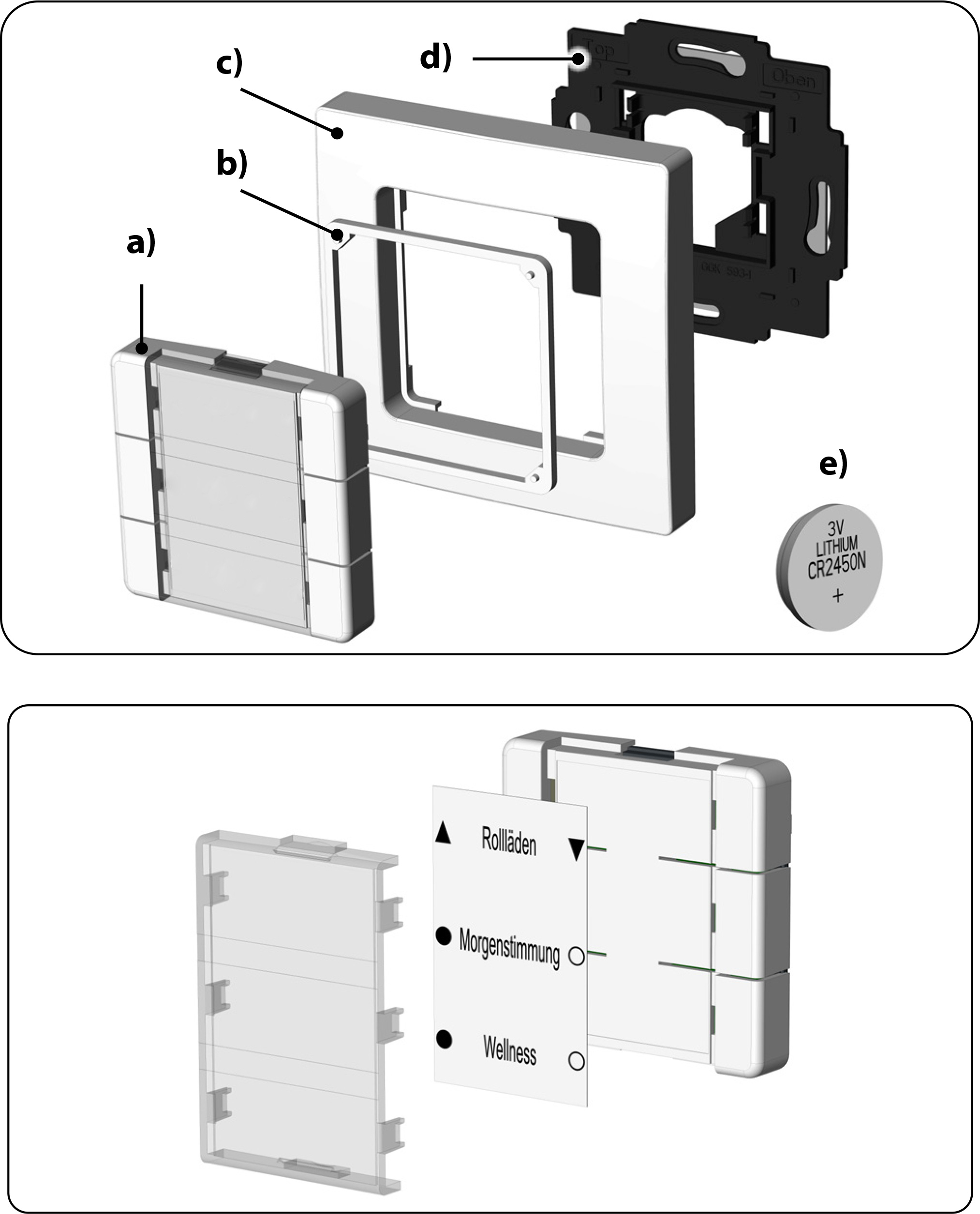 Diagramm der Smart-Switch-Komponenten. Batterie und Abdeckung in Explosionsansicht.