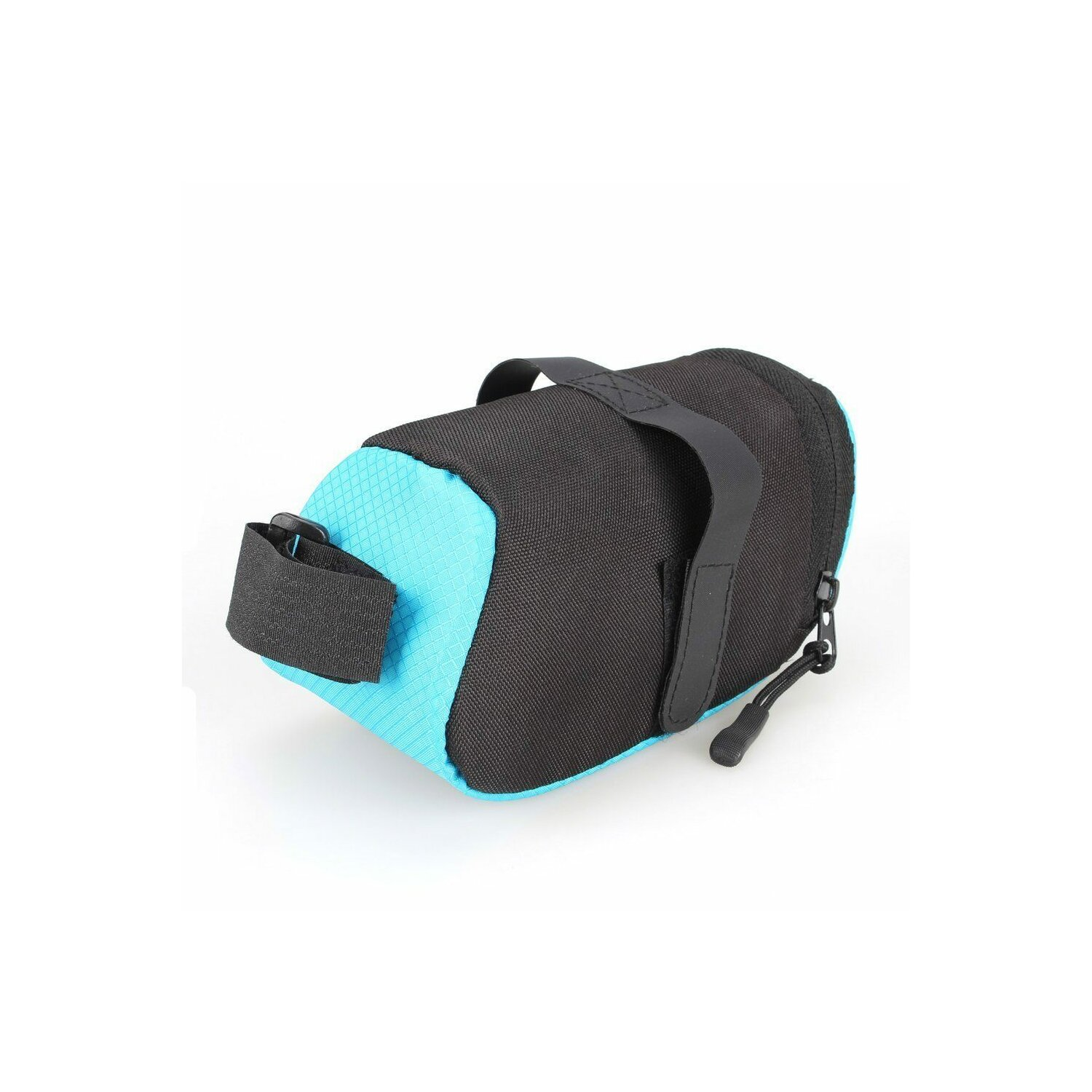 Eine Fahrradsatteltasche, schwarz und blau mit Griff und Reißverschluss.