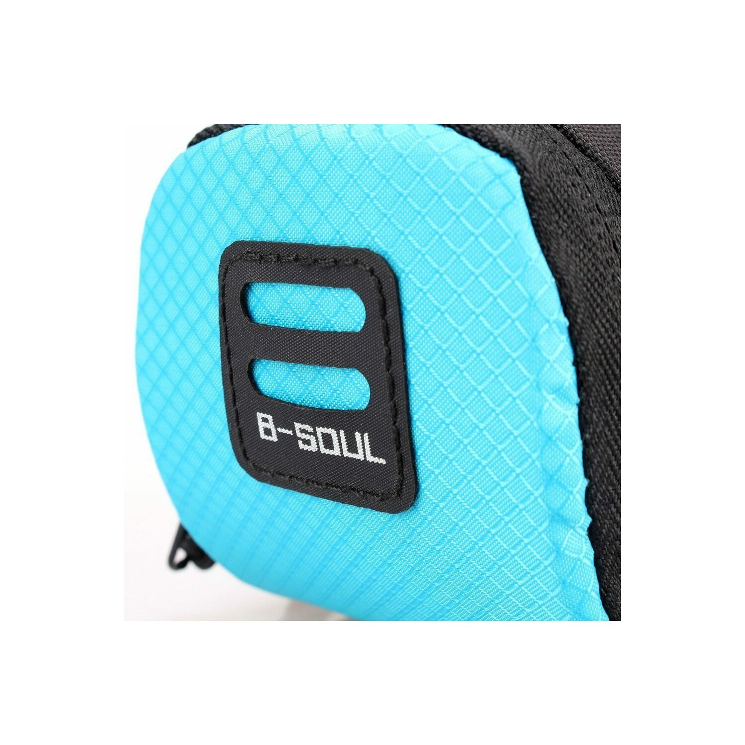 Blau-schwarze Fahrradtasche mit schwarzem Logo-Bereich und schwarzen Riemen.