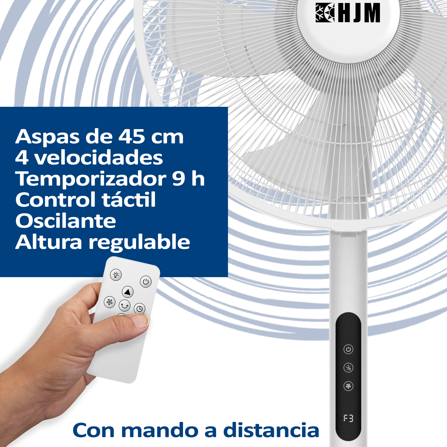 Ventilador de pie blanco con mando a distancia y texto. El ventilador tiene pantalla digital.
