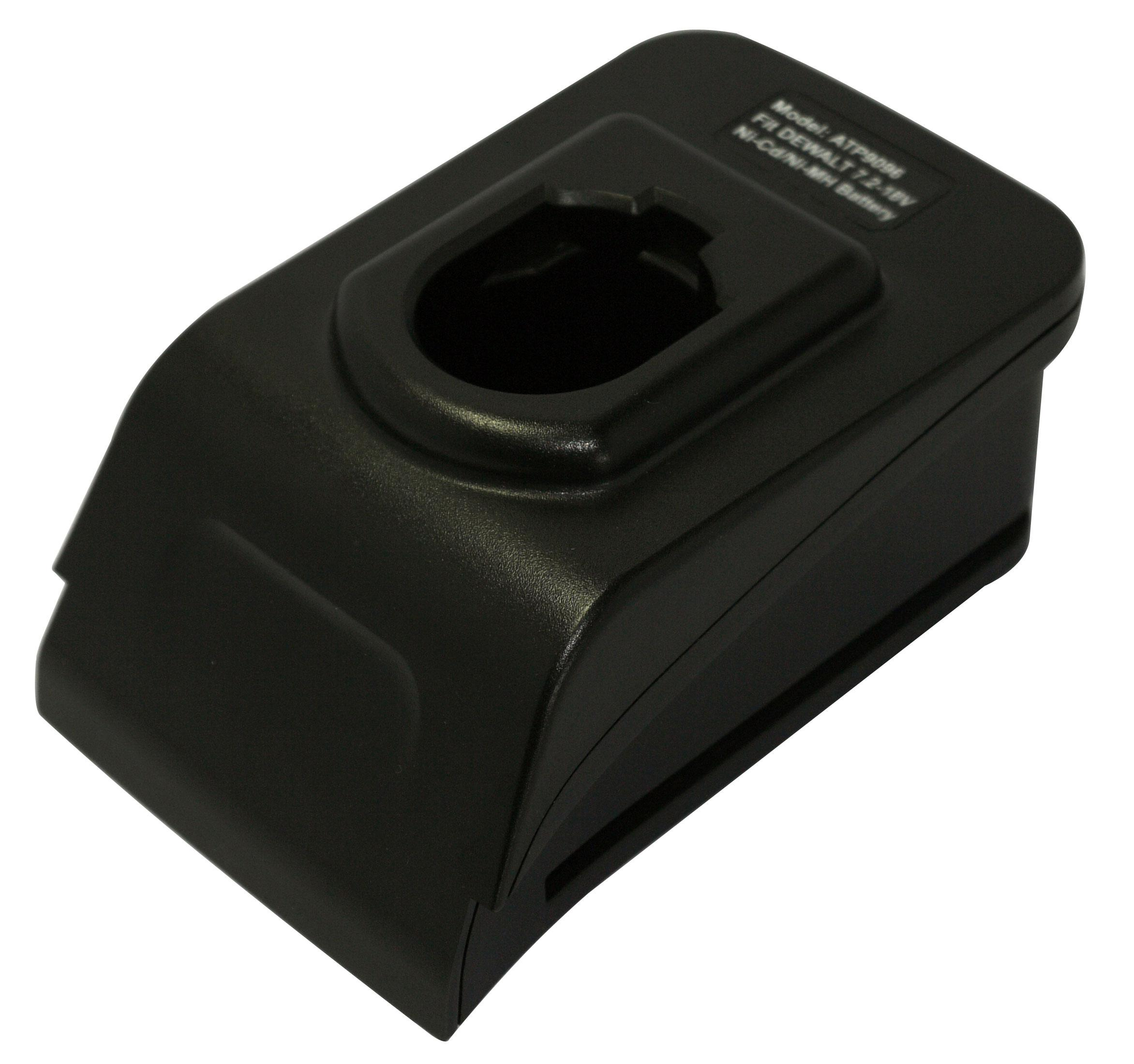 Schwarzes Ladegerät mit leerer Bucht, abgewinkelt, mit Text: Modell ATP9095 für Dewalt 7.2-18V Ni-Cd/Ni-MH Akku.