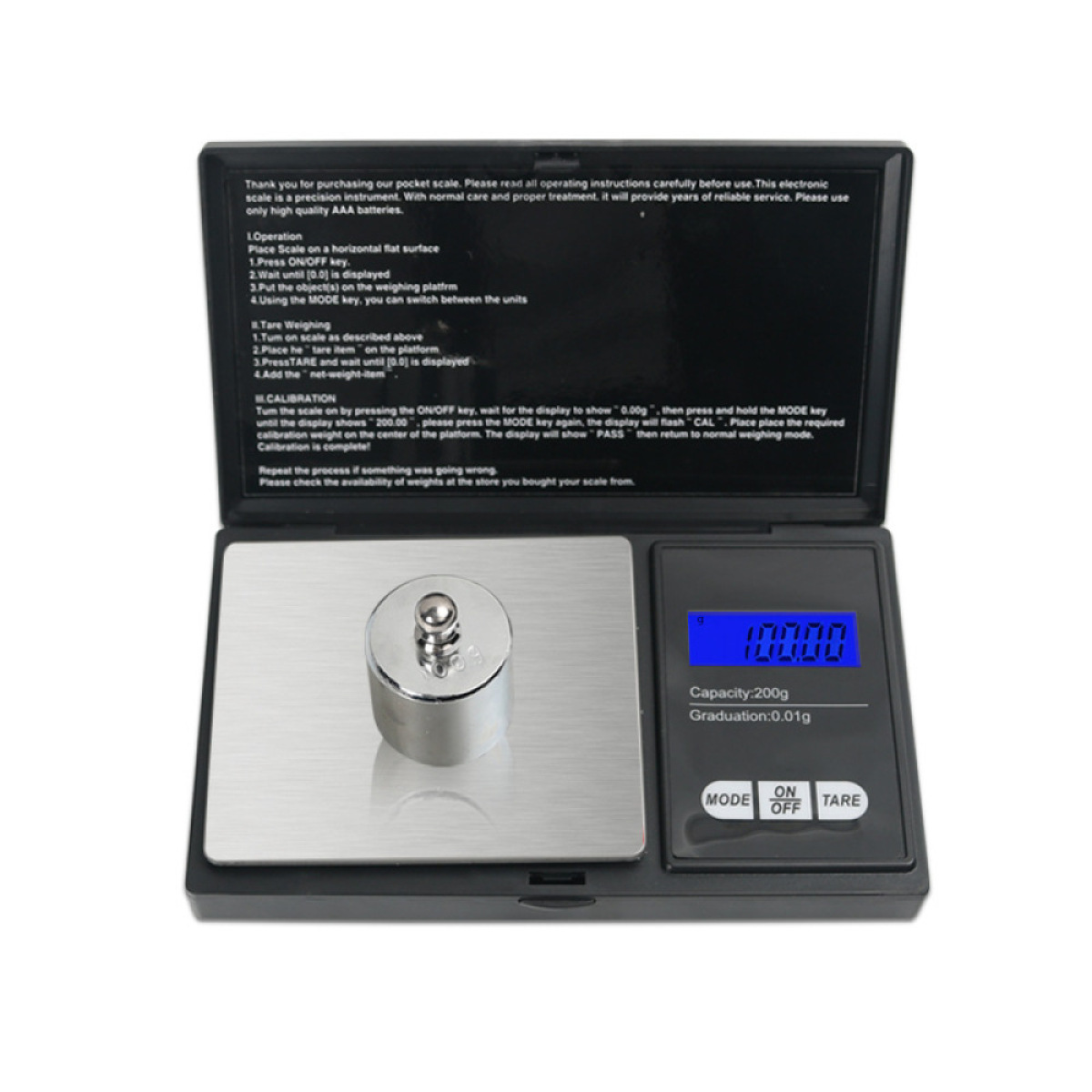 Digitale Waage mit Gewicht und Anweisungen auf dem Deckel.