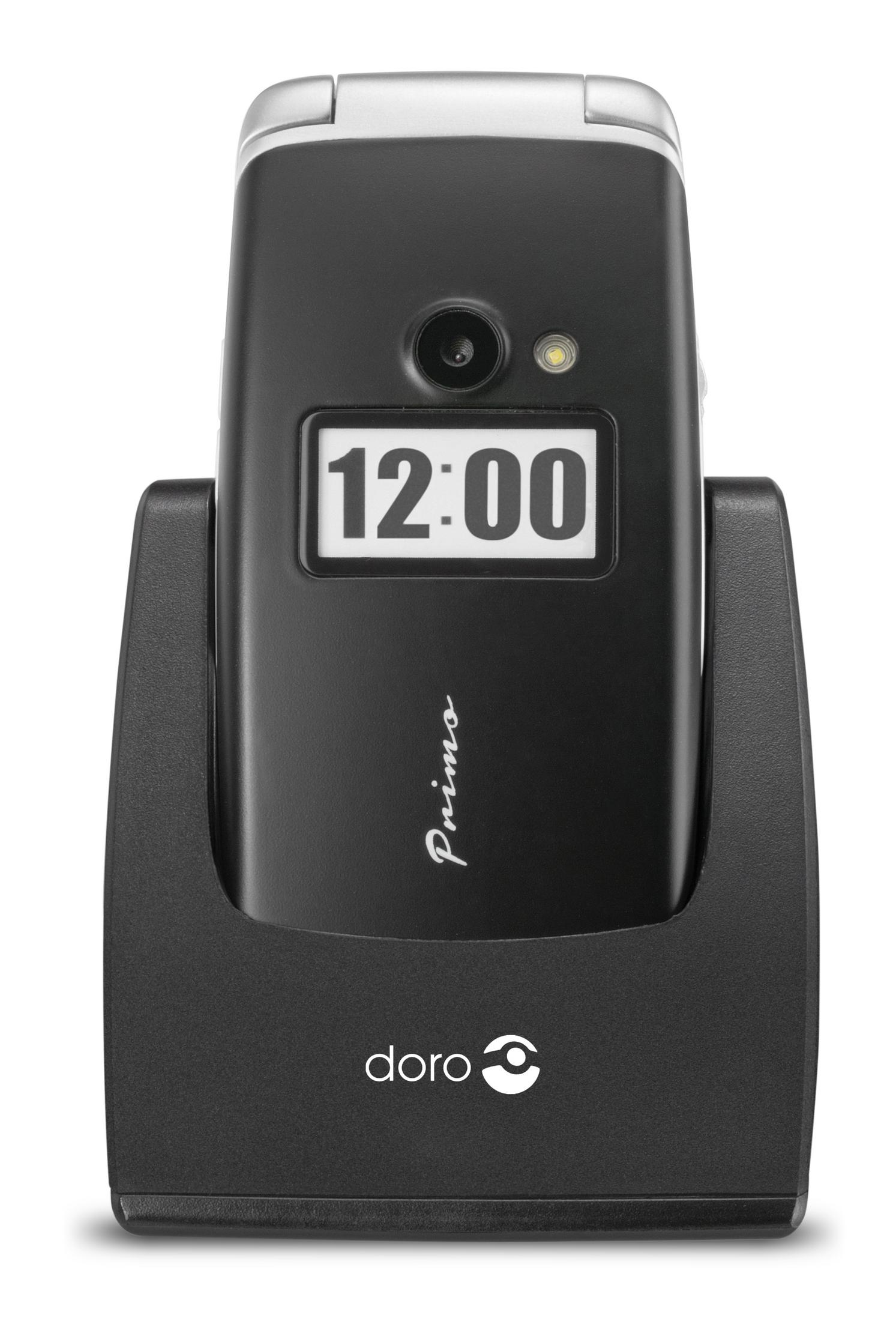 Teléfono plegable negro en una base de carga, mostrando la hora '12:00'.