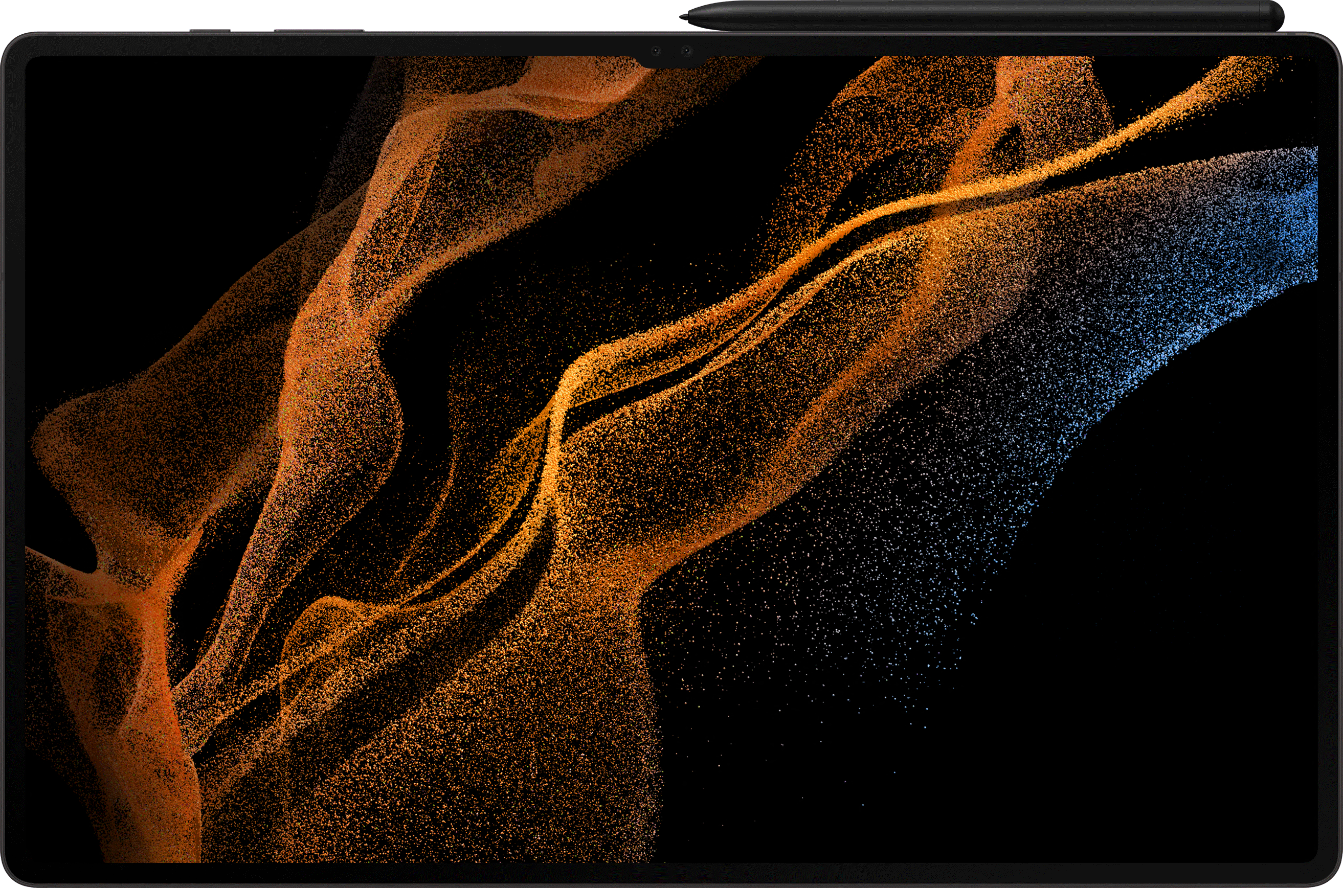 Tablette avec un stylet sur fond noir avec un design abstrait orange et bleu.