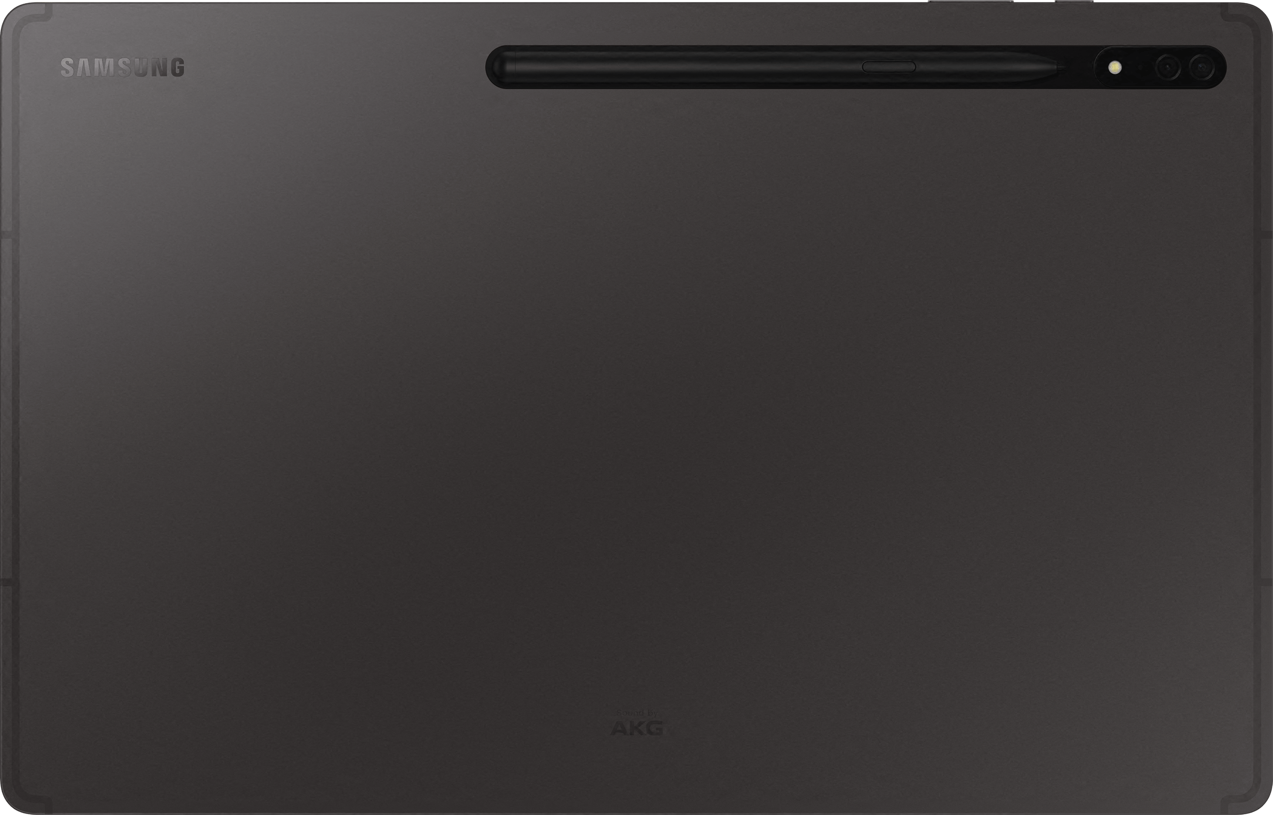 Tablette gris foncé avec un stylet en haut, logo AKG en bas. La tablette a un double appareil photo.