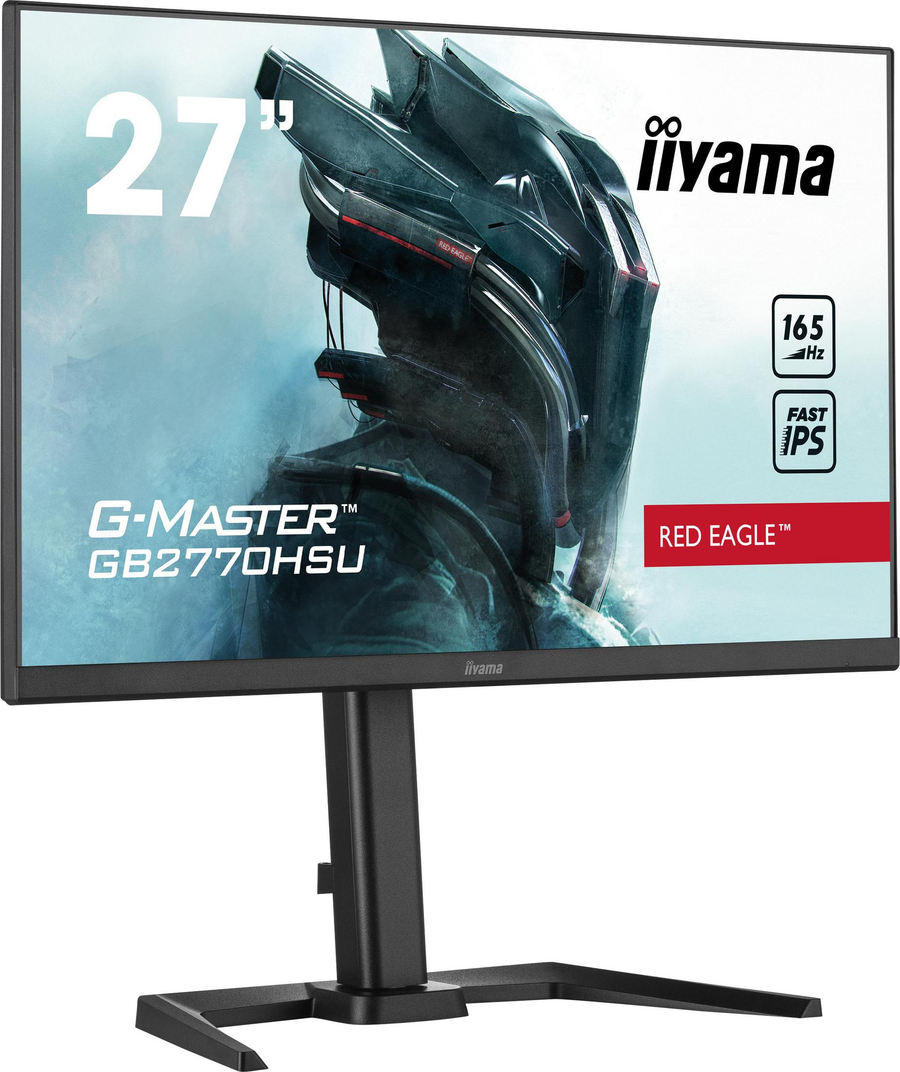 Monitor 27", czarna ramka, tekst, podstawka, czerwony orzeł, białe tło.