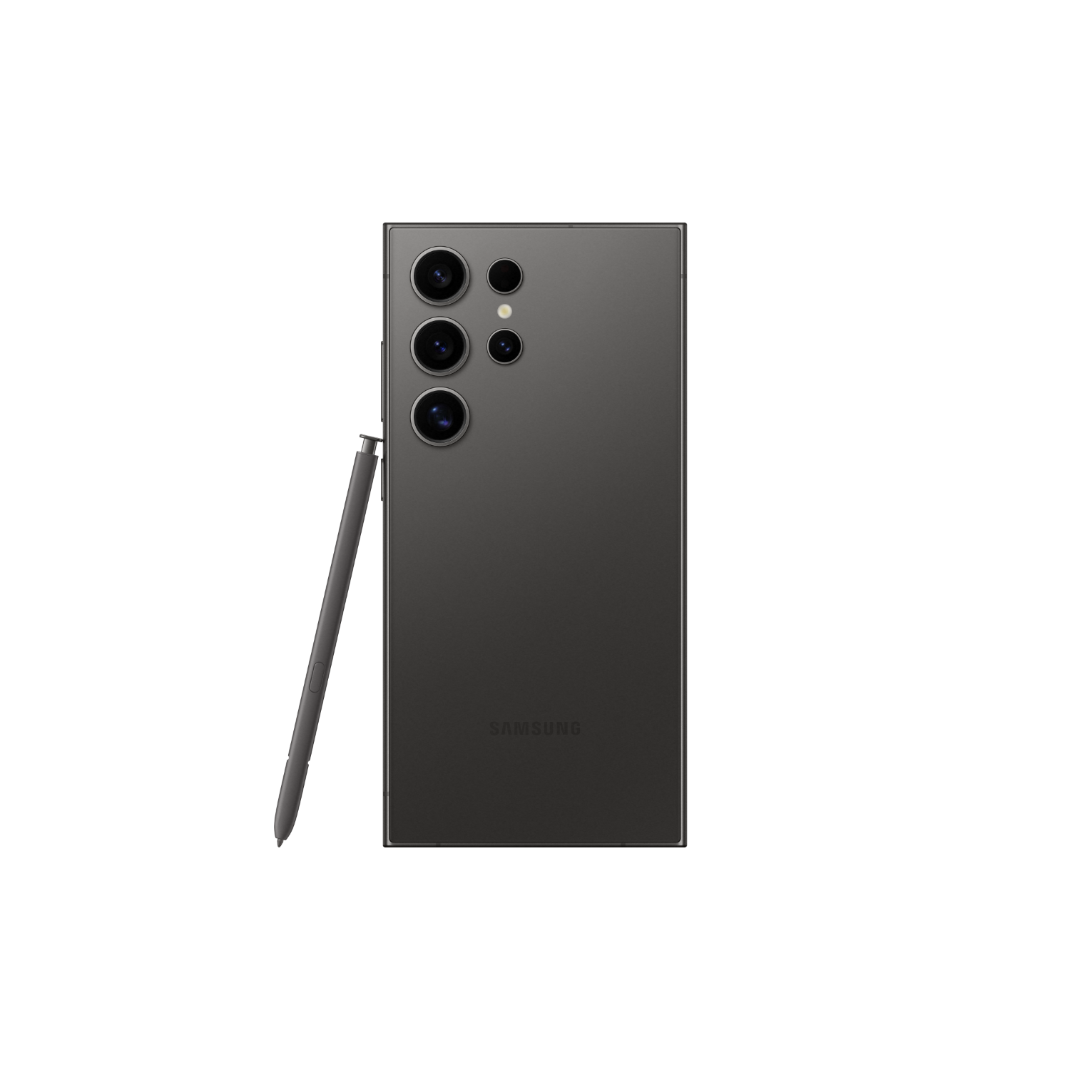 Ciemnoszary smartfon z trzema aparatami i rysikiem, na czarnym tle.