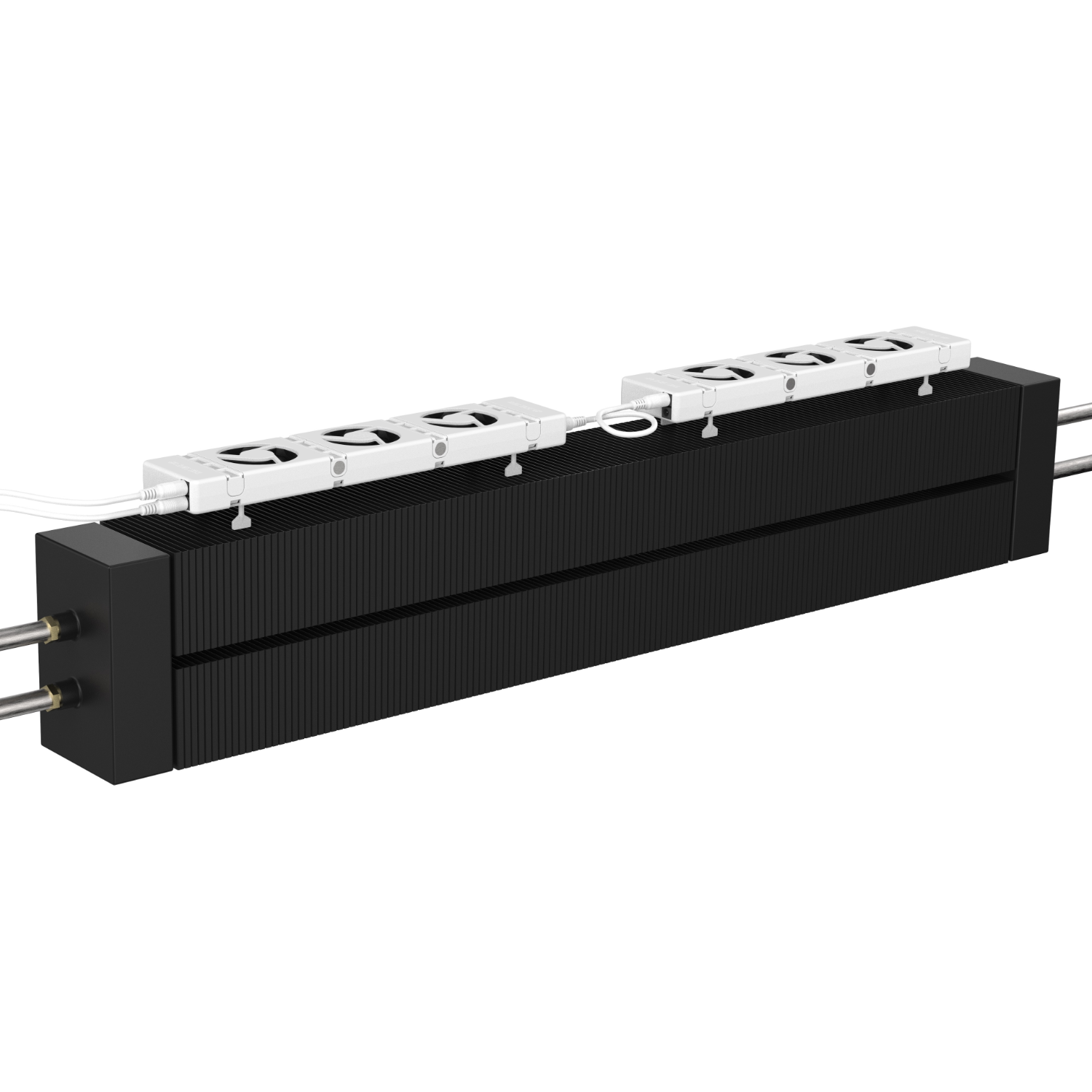 Czarny system chłodzenia z białymi wentylatorami. System jest długi i prostokątny. Dwie metalowe rury po bokach.