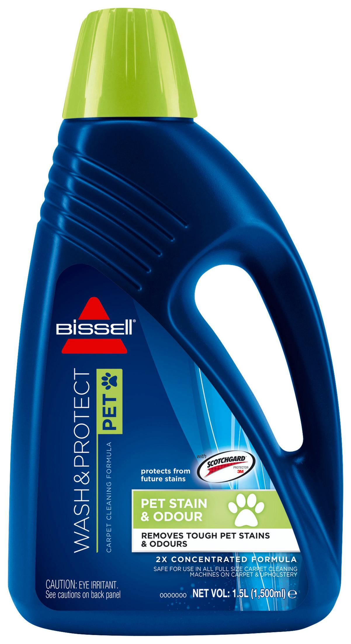 Evcil hayvan lekesi ve koku gidericisi mavi şişesi. Yeşil kapak, pati ve logo içeren beyaz etiket.