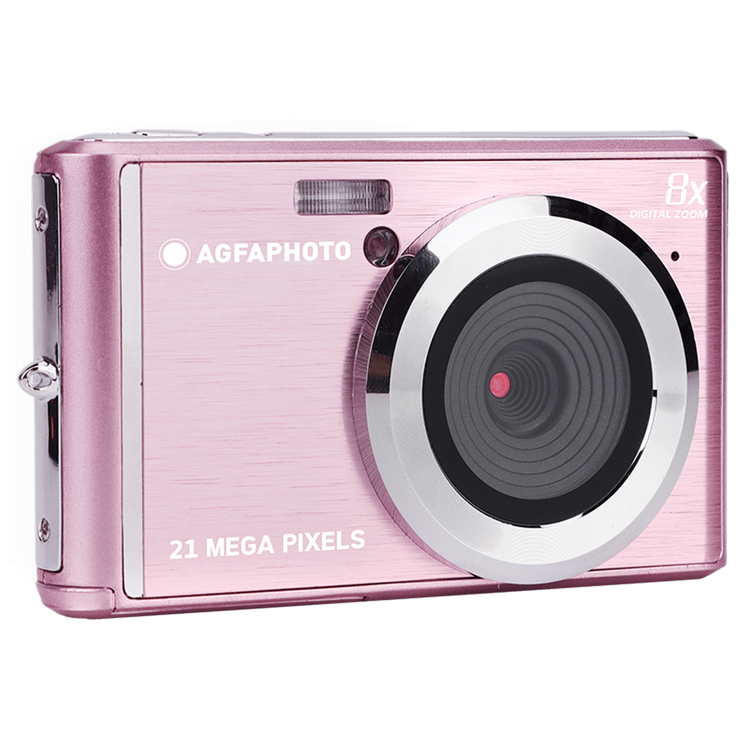 Różowy aparat AgfaPhoto z obiektywem i przyciskami. Ma 21 megapikseli i 8x zoom cyfrowy.