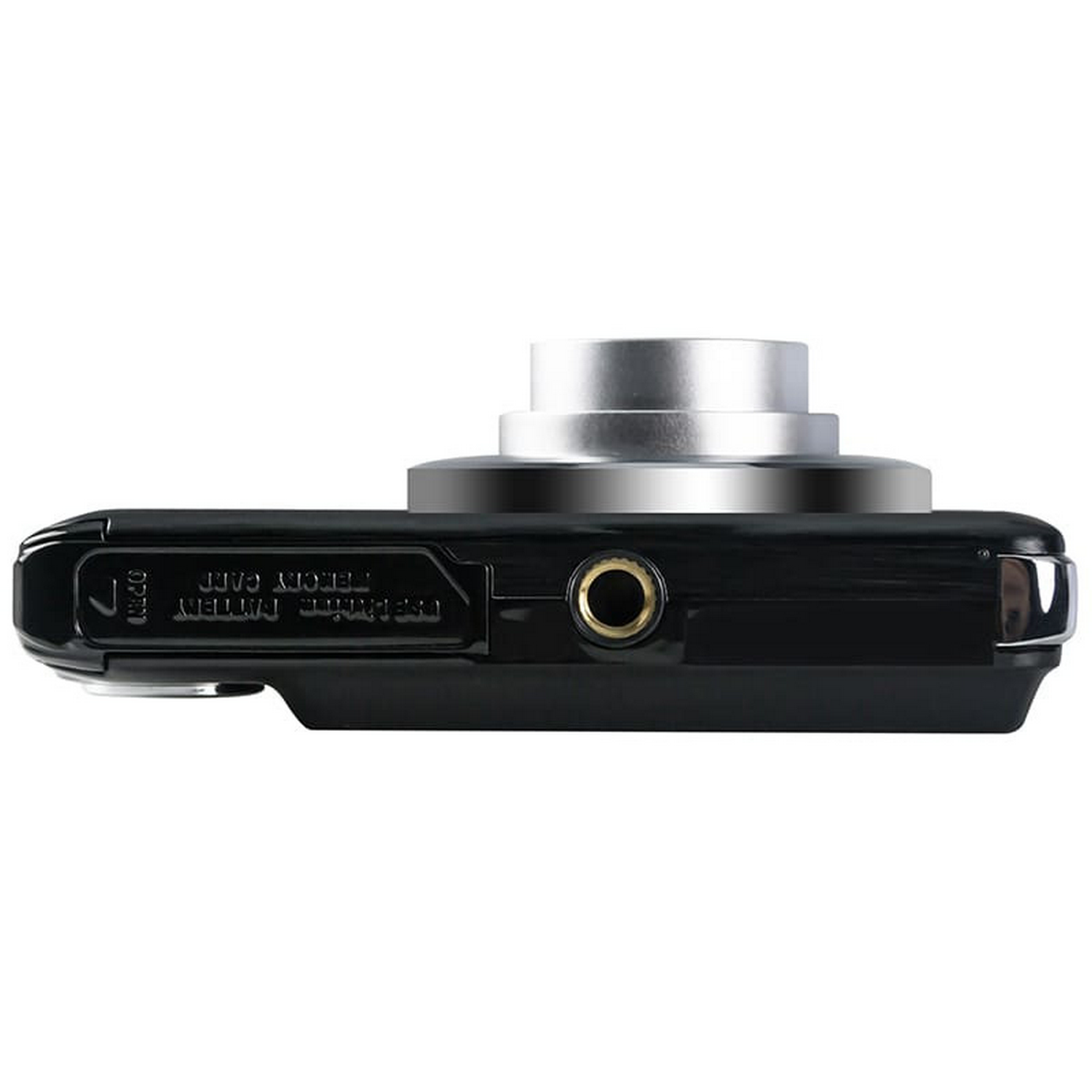 Czarny aparat z srebrnym obiektywem na górze. Widok z boku pokazujący kartę pamięci i komorę baterii.