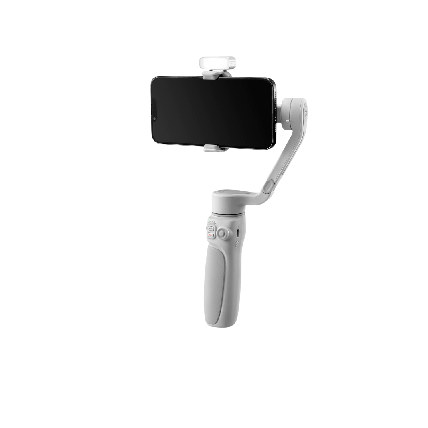 Weißer Telefonstabilisator mit befestigtem Telefon. Der Stabilisator befindet sich auf schwarzem Hintergrund.