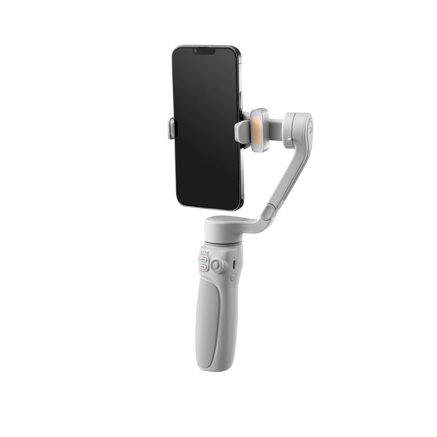 Ein weißer Gimbal hält ein schwarzes Smartphone. Der Griff hat Knöpfe.
