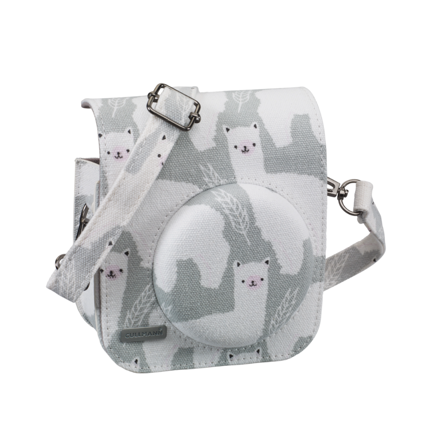 Weiße Tasche mit grauem Lama-Muster, Objektivabdeckung und Riemen.