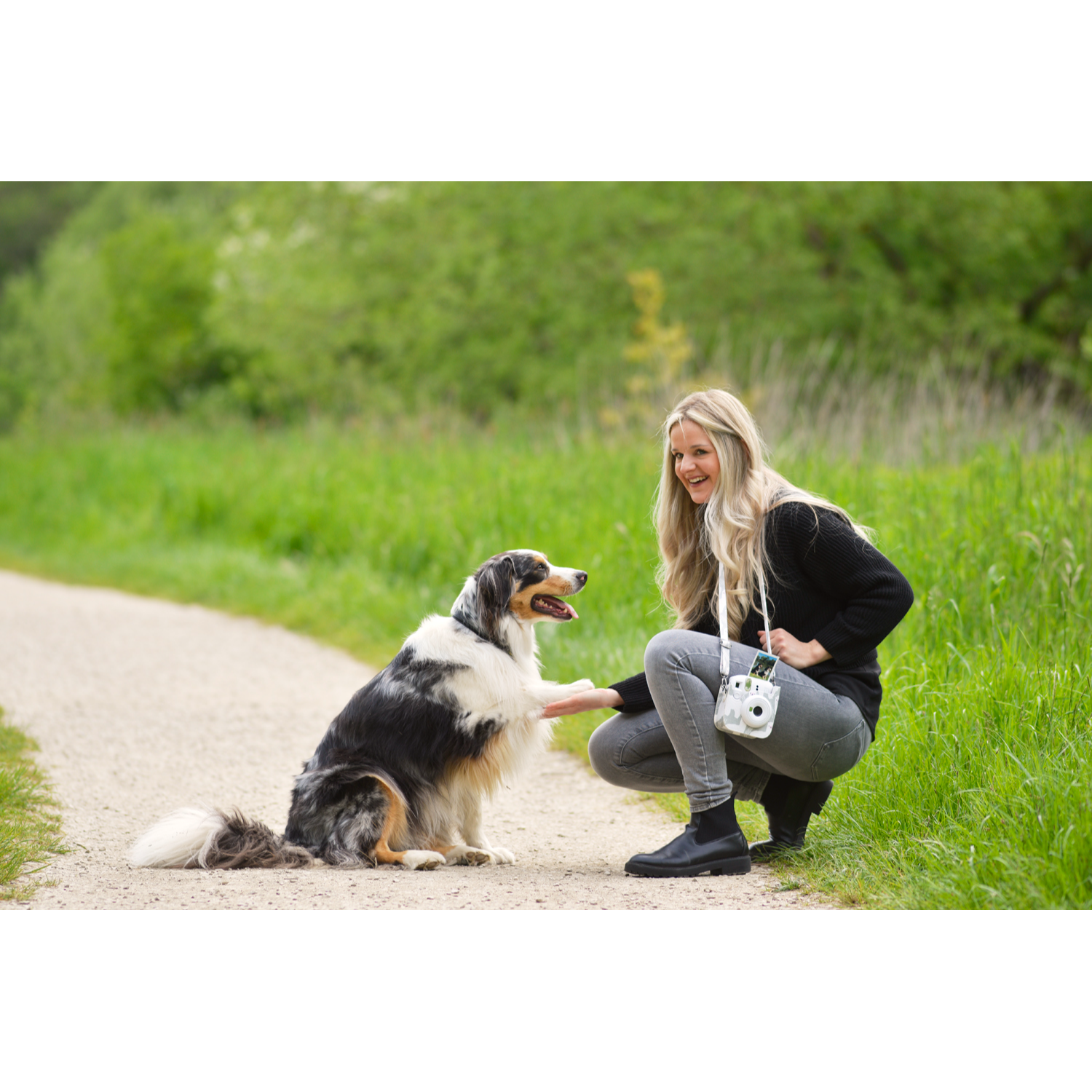 Frau gibt einem Hund Pfote auf einem Feldweg, mit grünem Hintergrund.