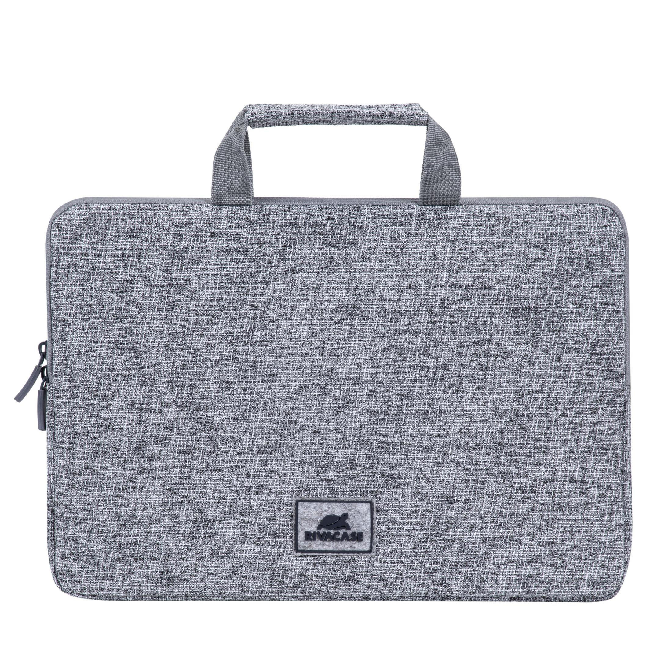 Szara torba na laptopa. Zapięcie na zamek błyskawiczny. Uchwyt na górze. Logo Rivacase z przodu.