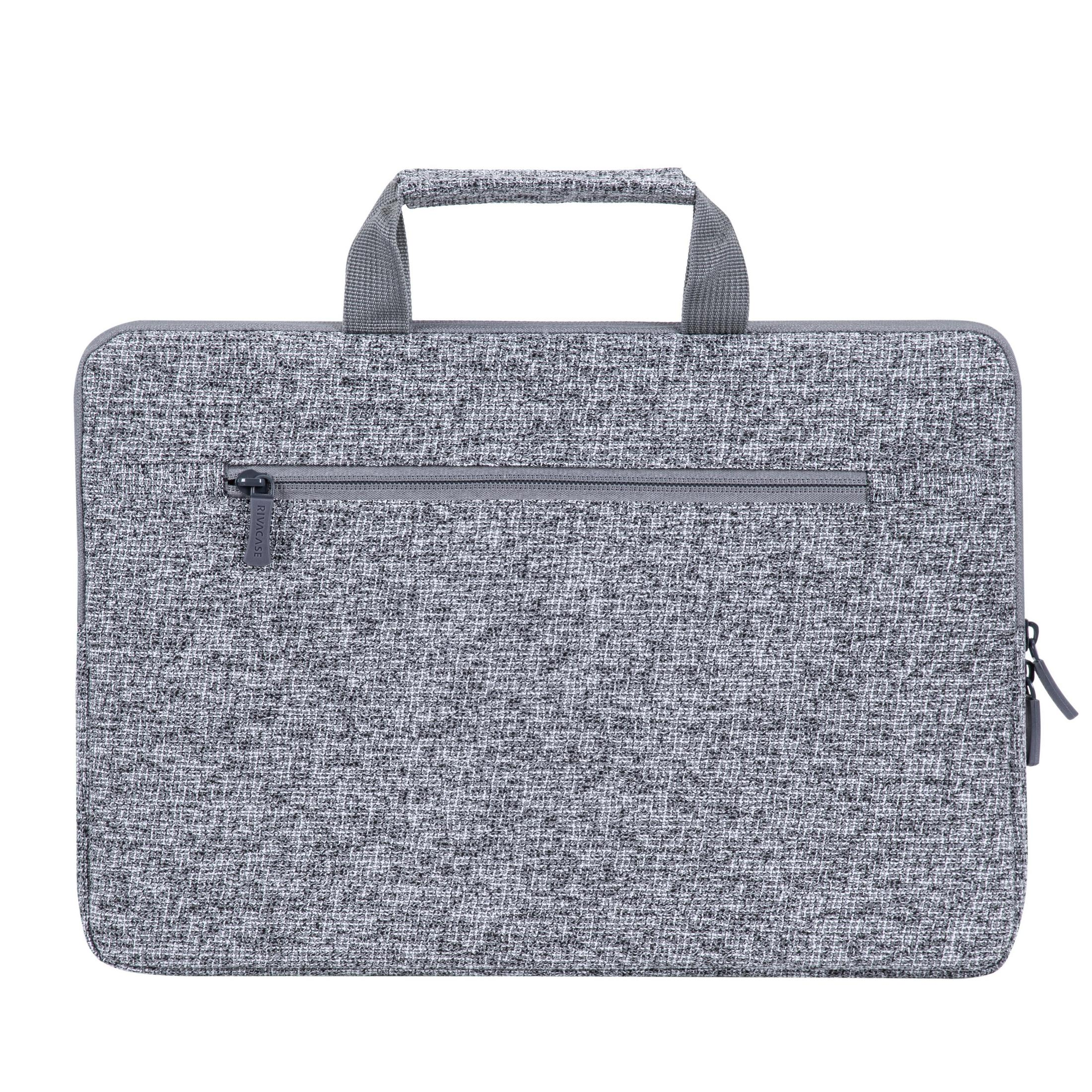 Szara torba na laptopa z uchwytem i zamkiem błyskawicznym.