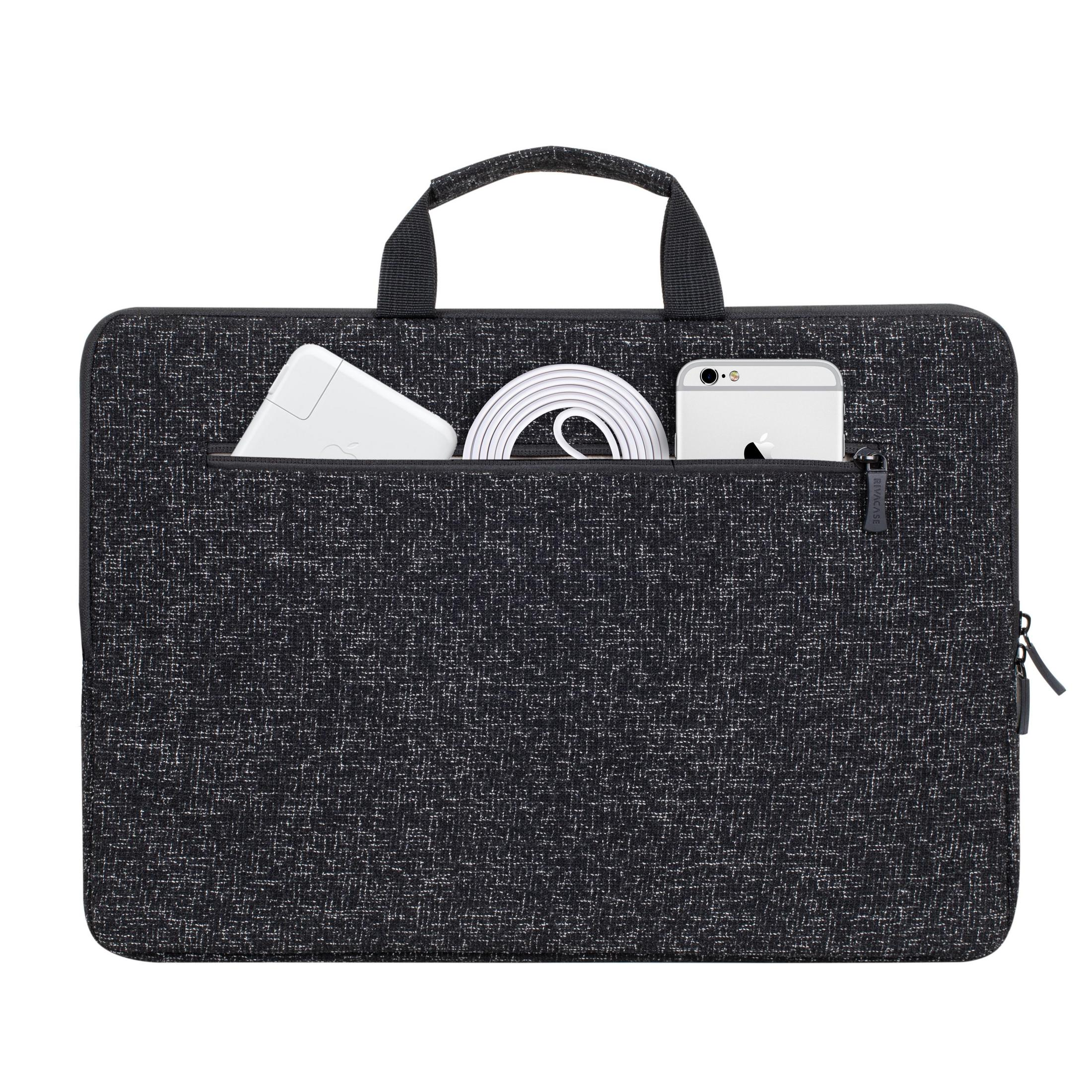 Borsa per laptop con manico, contenente caricatore, cavo e telefono.
