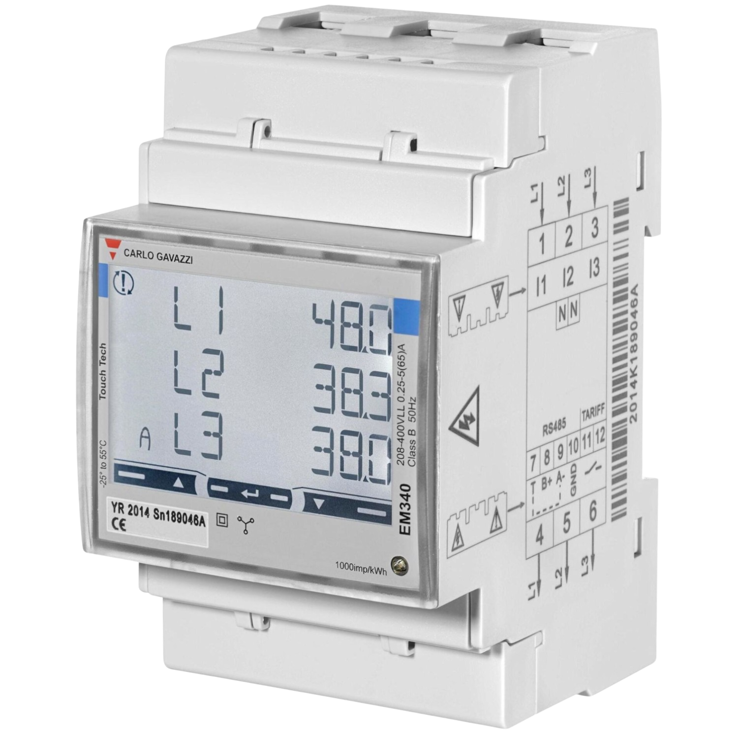 Ein weißer Carlo Gavazzi Energiezähler mit Digitalanzeige und Anschlüssen.