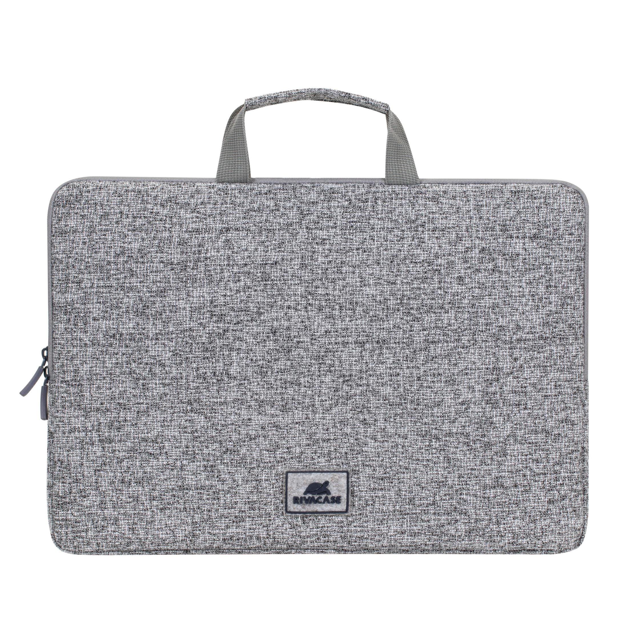 Una custodia grigia per laptop con maniglia e logo Rivacase.