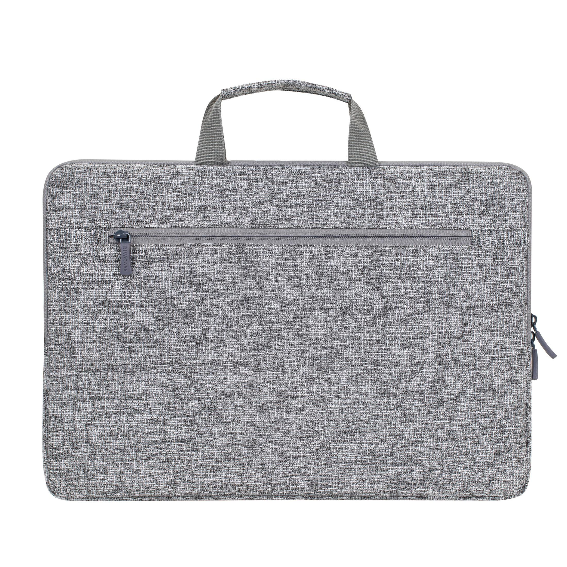 Borsa grigia per laptop con cerniera e manico. Design semplice, colore neutro.