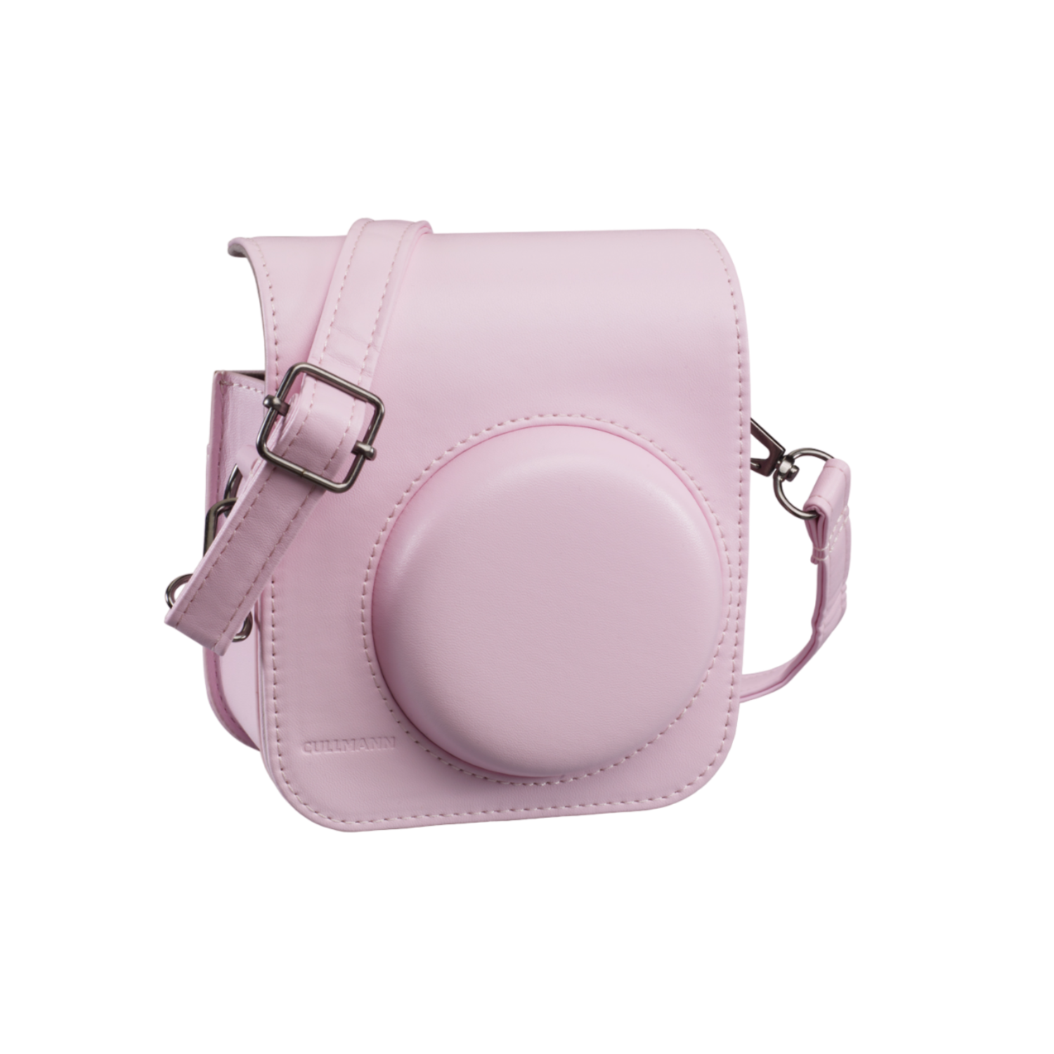 Rosa Kameratasche mit Schultergurt. Die Tasche hat eine runde Öffnung für das Kameraobjektiv.