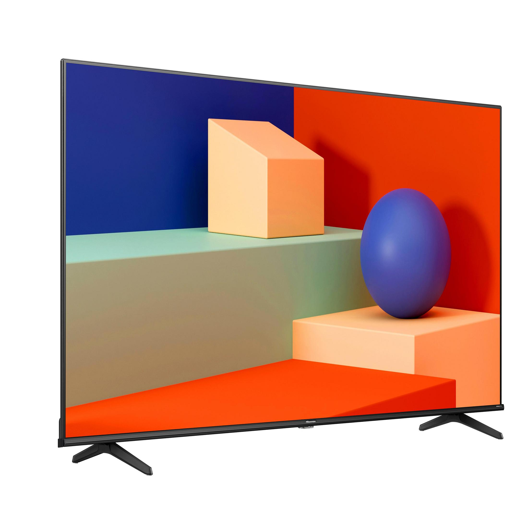 Un grande televisore a schermo piatto con forme geometriche colorate sullo schermo, con gambe nere.