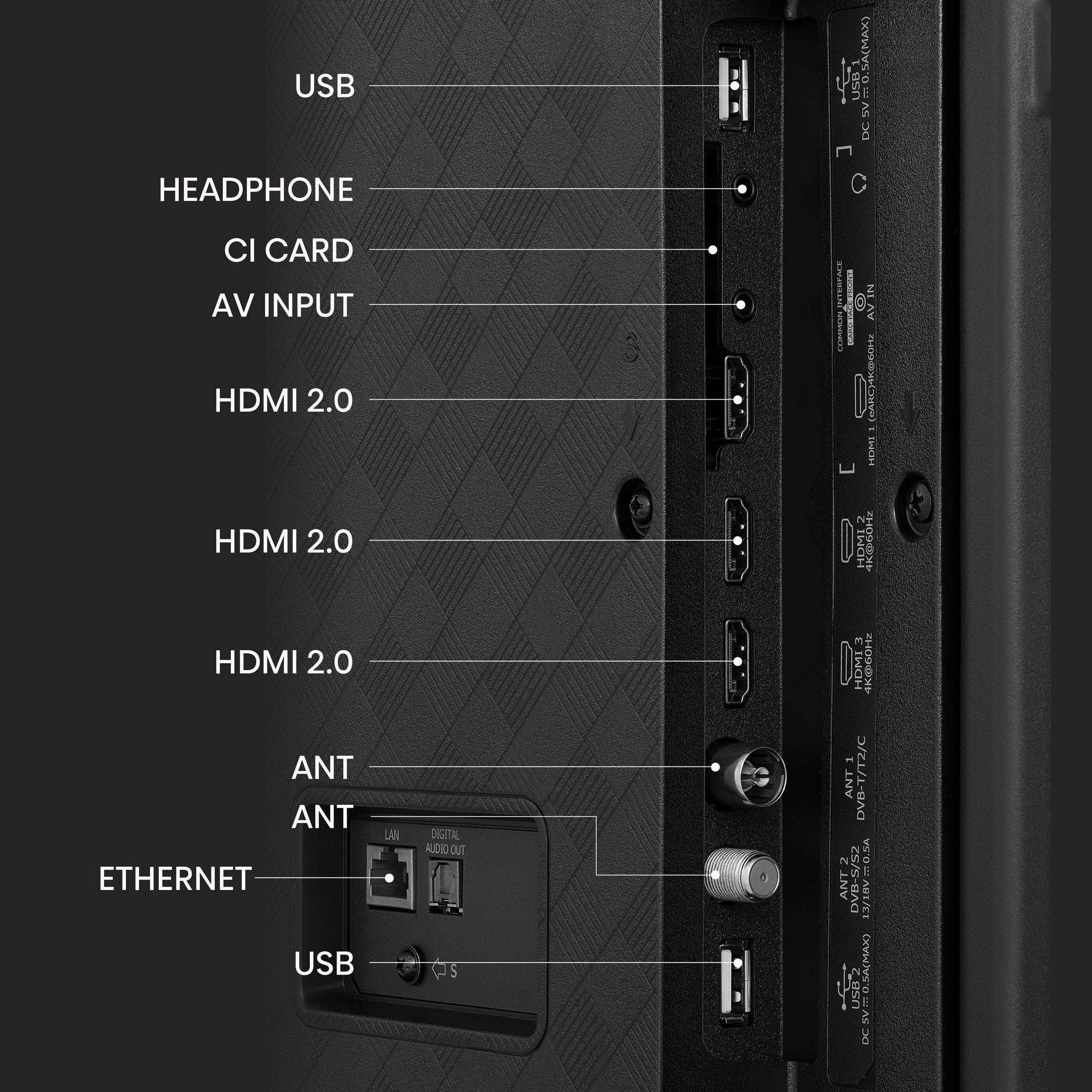 Pannello posteriore di un televisore con varie porte ed etichette. Sfondo scuro. Le porte includono HDMI, USB e antenna.