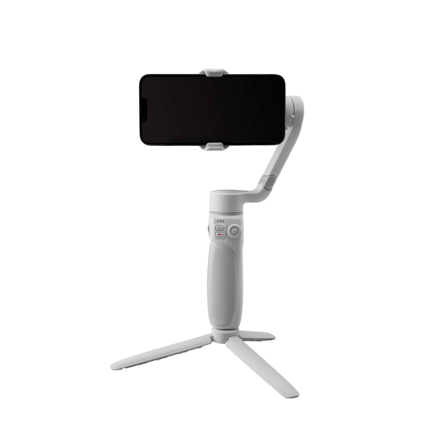 Estabilizador de smartphone blanco con teléfono negro adjunto, sobre un trípode.