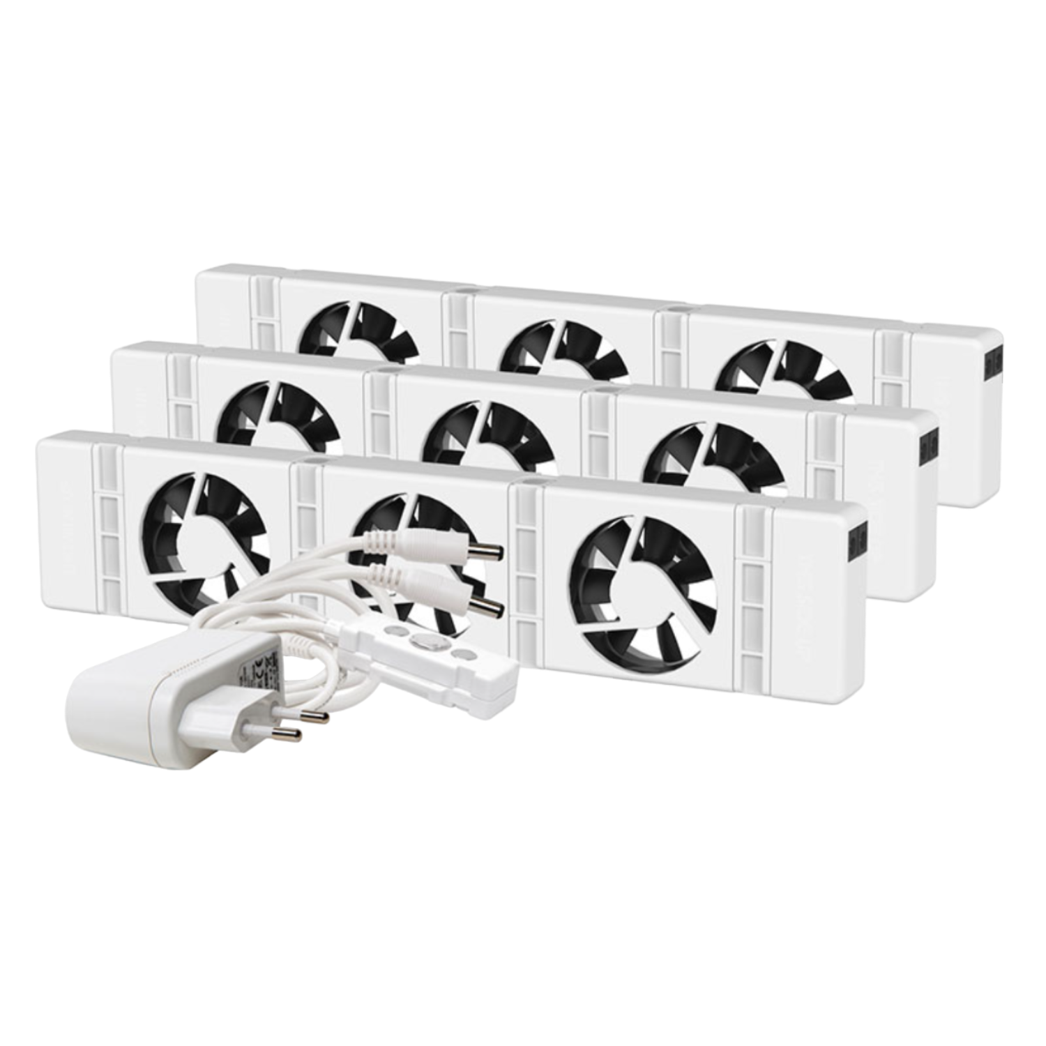 Sześć białych wentylatorów z czarnymi łopatkami i zasilacz na czarnym tle.