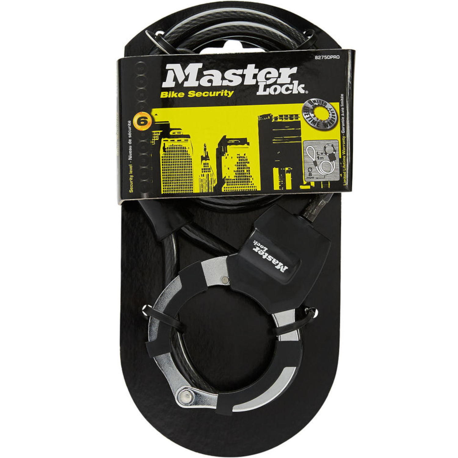 Un lucchetto per bici Master Lock su un cartone nero. È un lucchetto a U nero con un cavo.