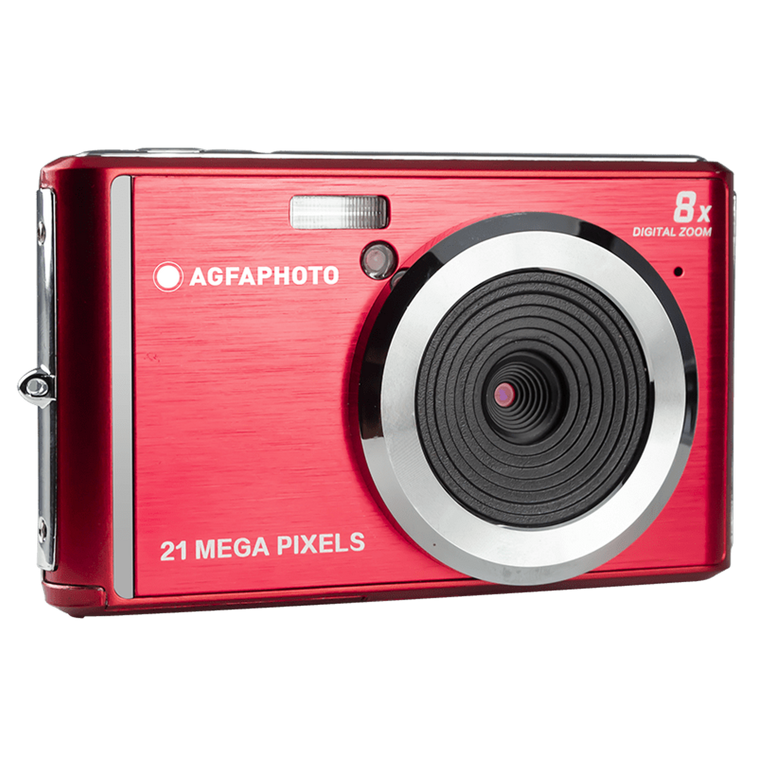 Czerwony aparat cyfrowy z dużym obiektywem i srebrną obwódką. Tekst mówi '21 MEGA PIXELI'.
