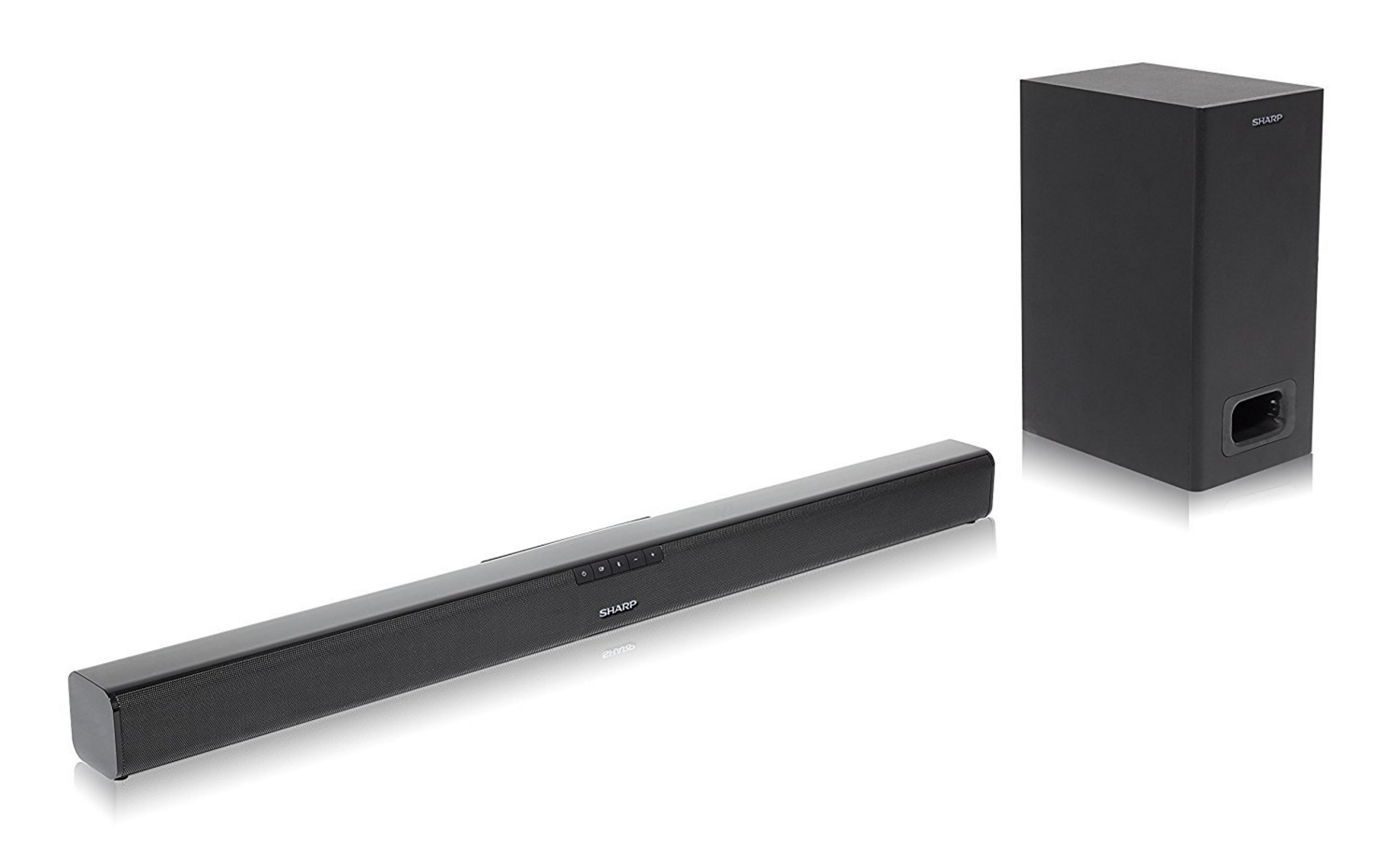Czarny soundbar i czarny subwoofer są wyświetlane na białym tle.