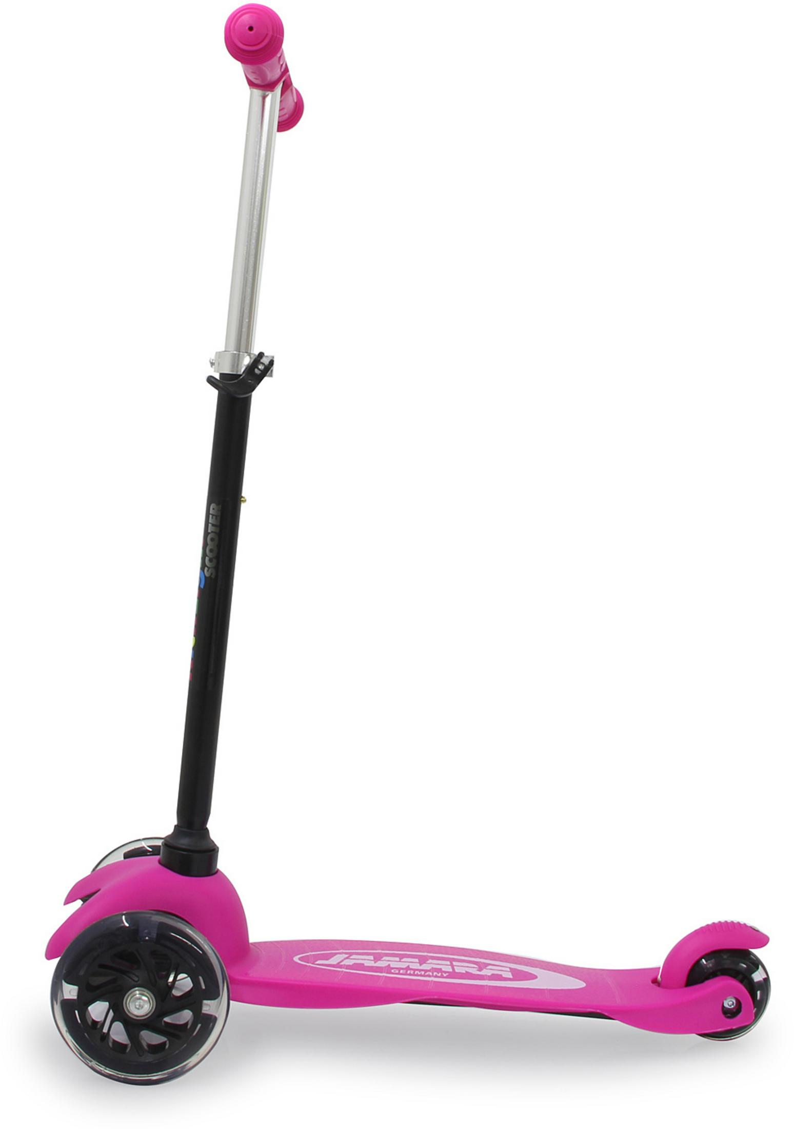Ein pinkfarbener Dreiradroller mit silbernem Lenker.