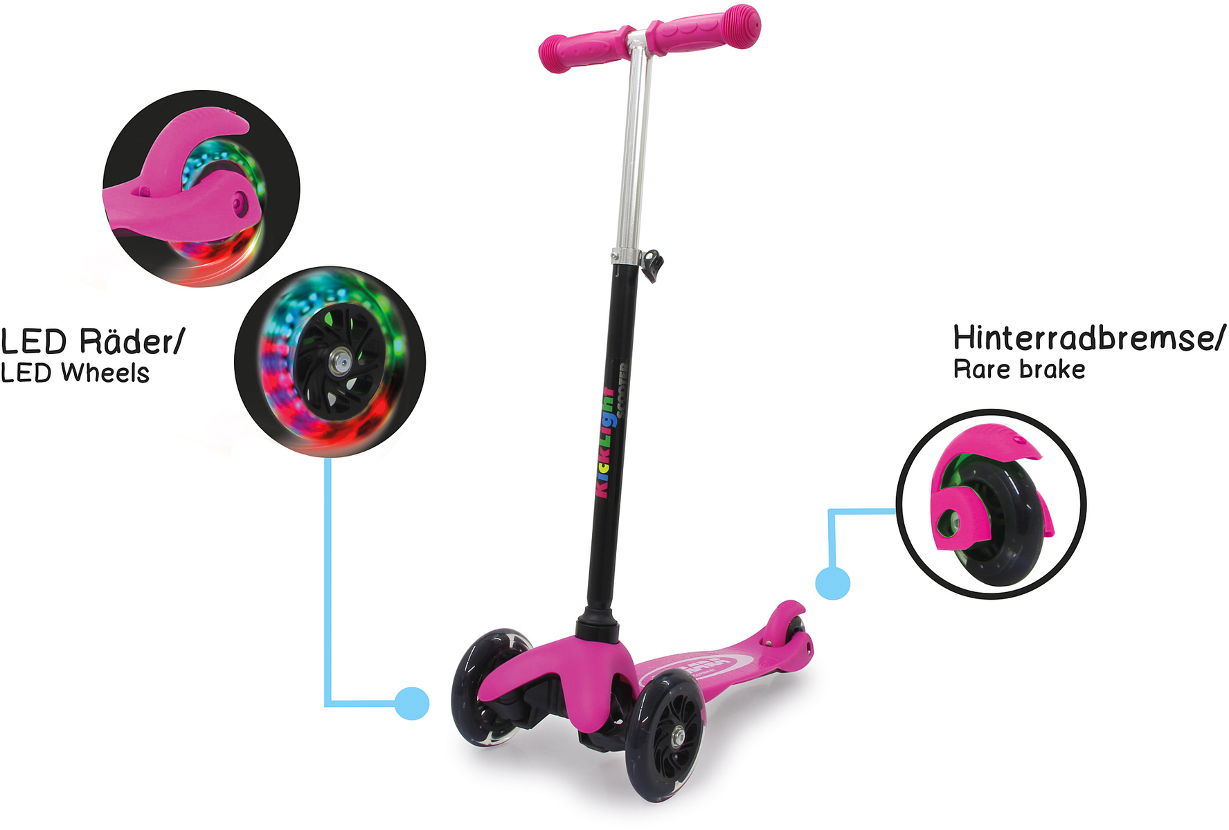 Ein pinkfarbener Roller mit LED-Rädern und Hinterradbremse vor weißem Hintergrund.