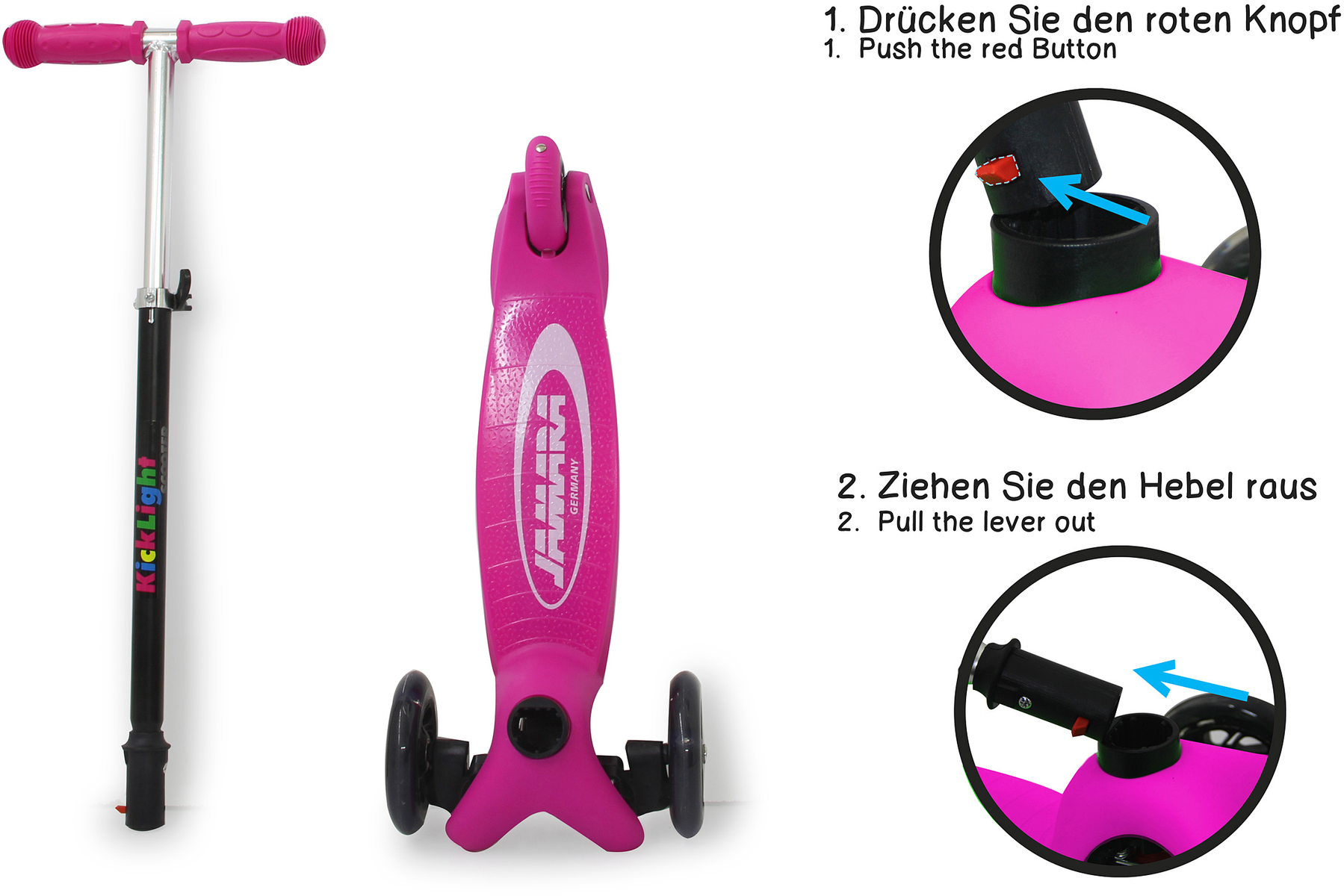 Pinkfarbener Klapproller mit Anweisungen, einschließlich rotem Knopf und Hebel.