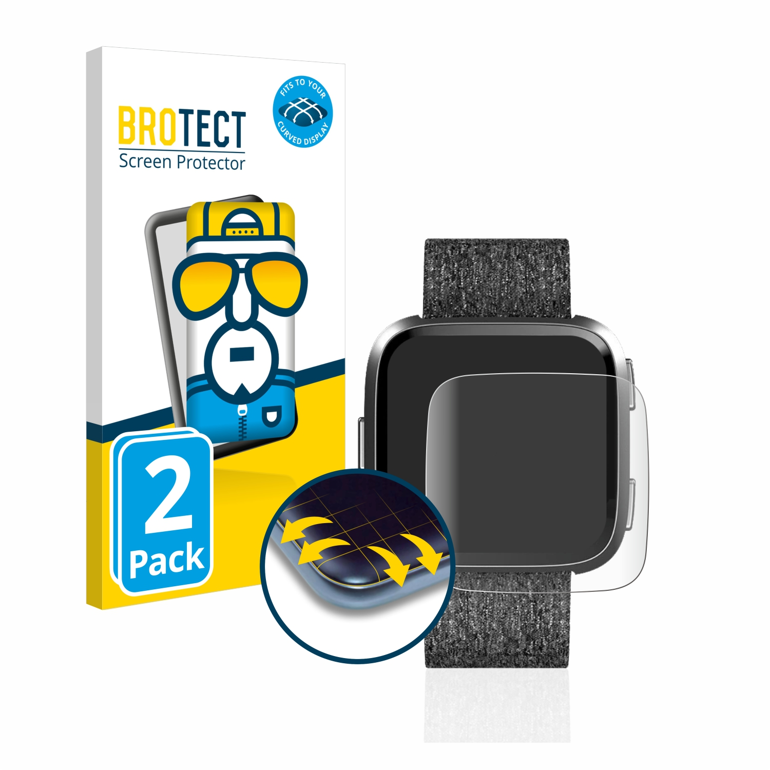 Eine Smartwatch, Displayschutzfolie und eine Box auf Weiß. Auf der Box steht 'Flex Matte'.