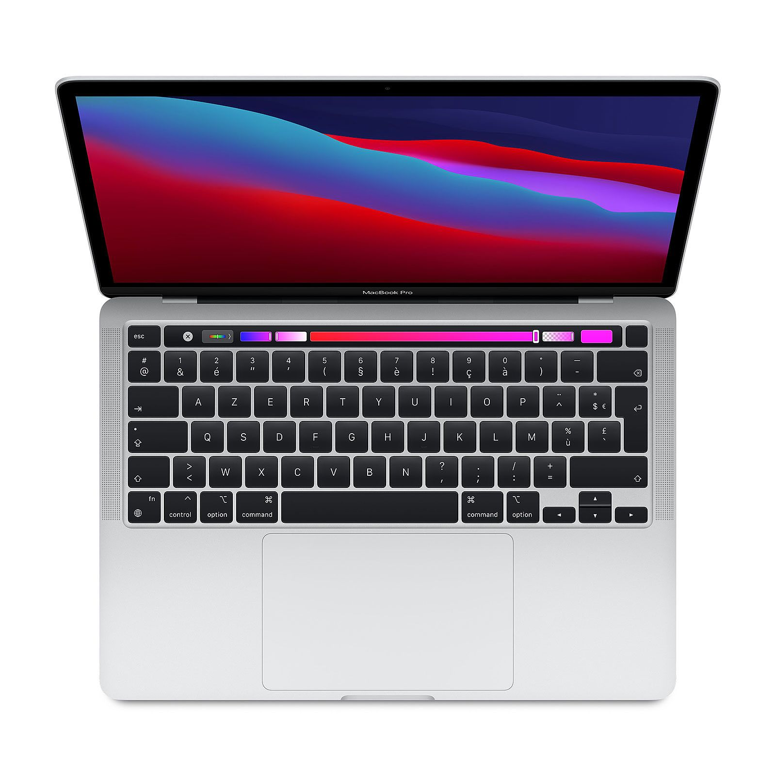 Een zilveren MacBook Pro, open. Het toetsenbord is zichtbaar en het scherm toont een kleurrijke digitale kunstscène.